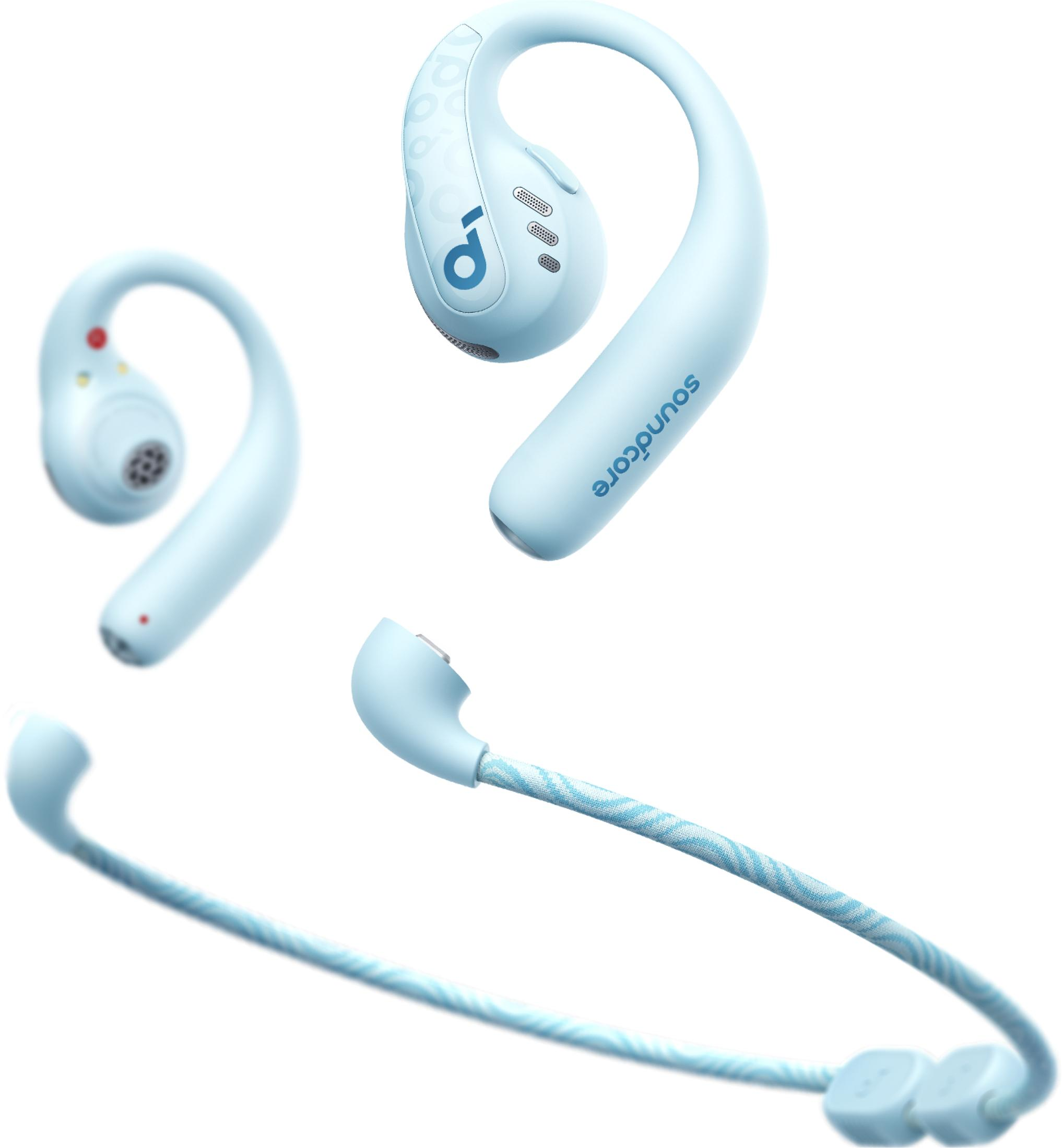Jasnoniebieskie słuchawki Soundcore, z pałąkiem na szyję. Słuchawki mają logo.