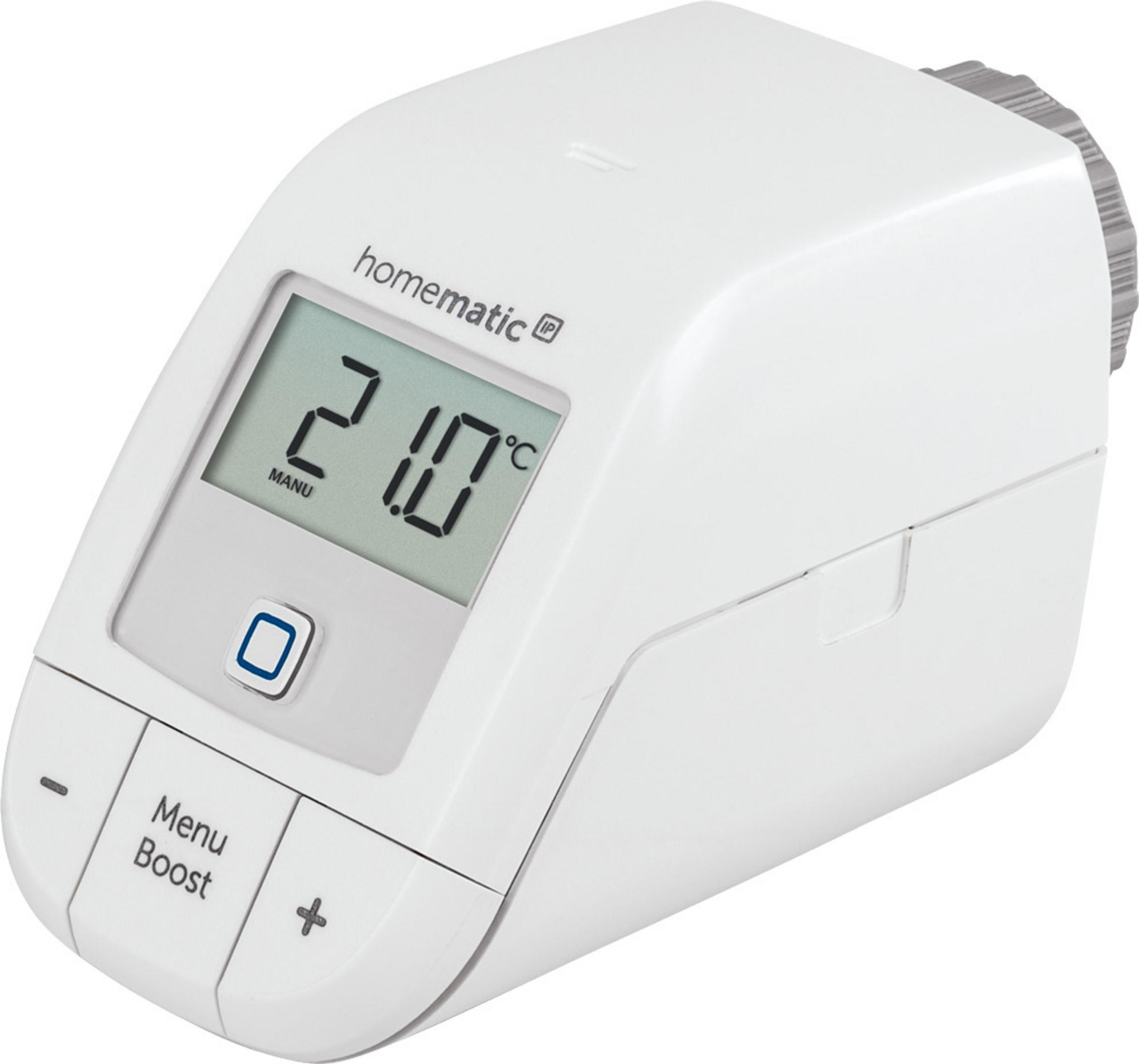 Weißes Thermostat mit einem Bildschirm, der 21,0 Grad, Tasten und ein Zifferblatt anzeigt.