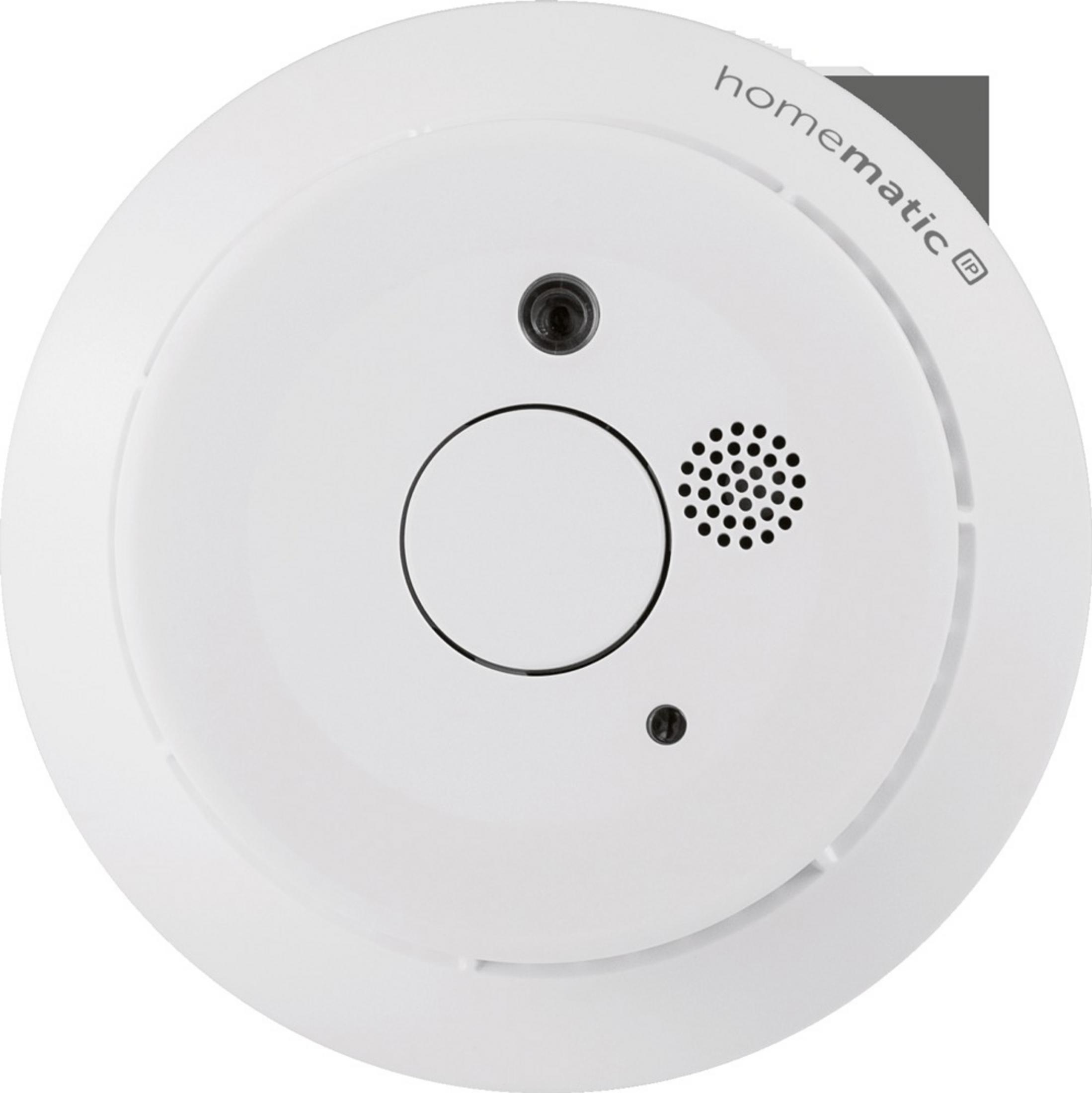 Ein weißer, kreisförmiger Homematic IP-Rauchmelder, Draufsicht, mit zentralem Loch und Lautsprecher.