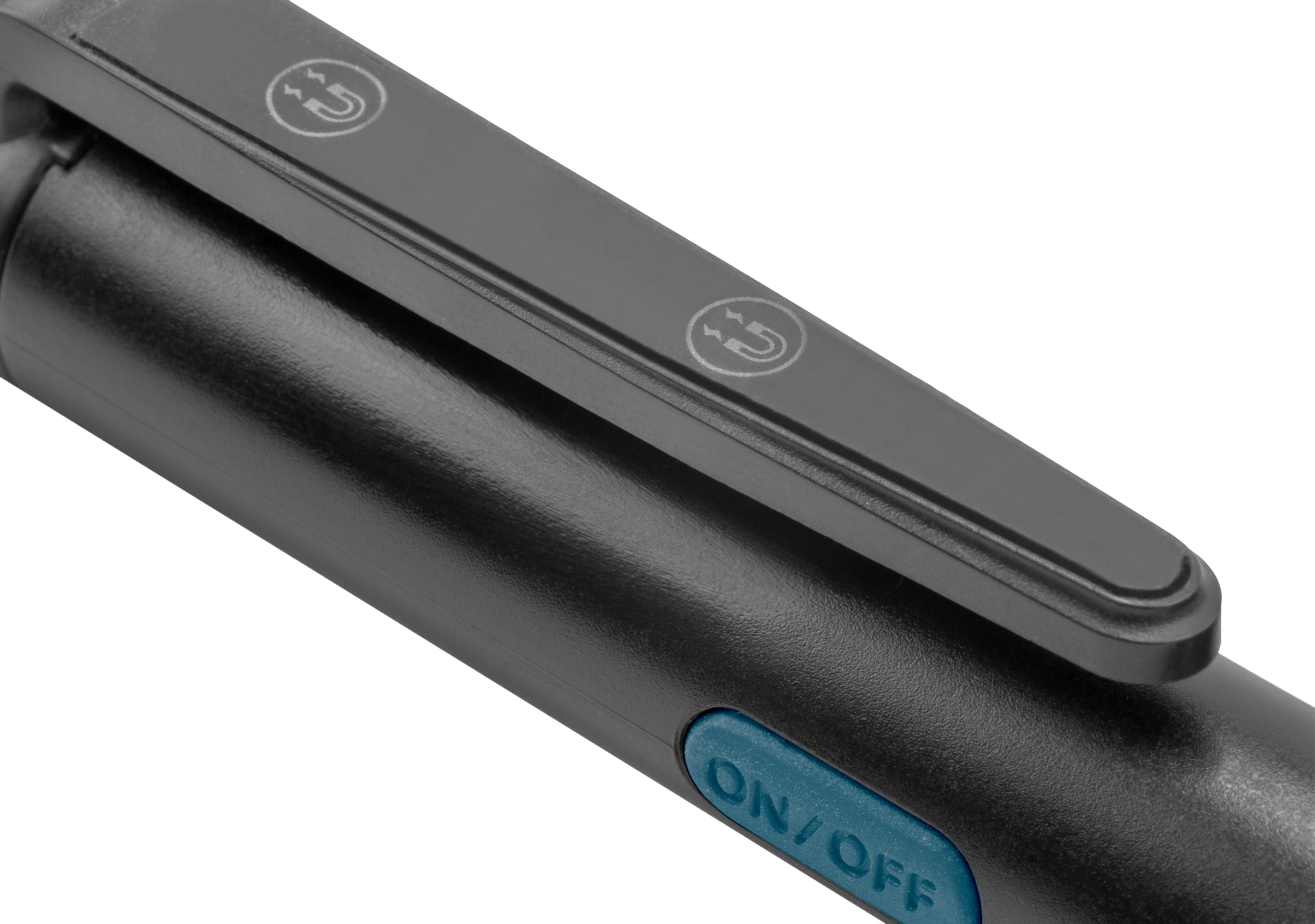 Zbliżenie czarnego klipsa do długopisu z ikonami magnetycznymi i przyciskiem on/off.