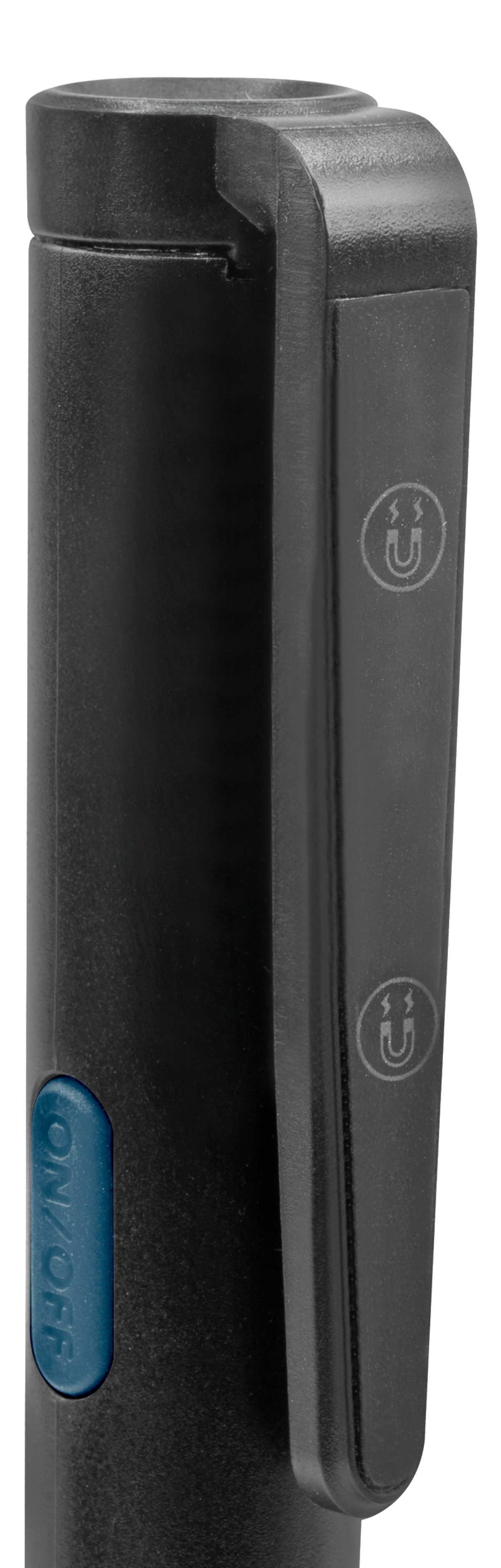 Czarny przedmiot przypominający długopis z niebieskim przyciskiem 'ON/OFF' i symbolami magnetycznymi.