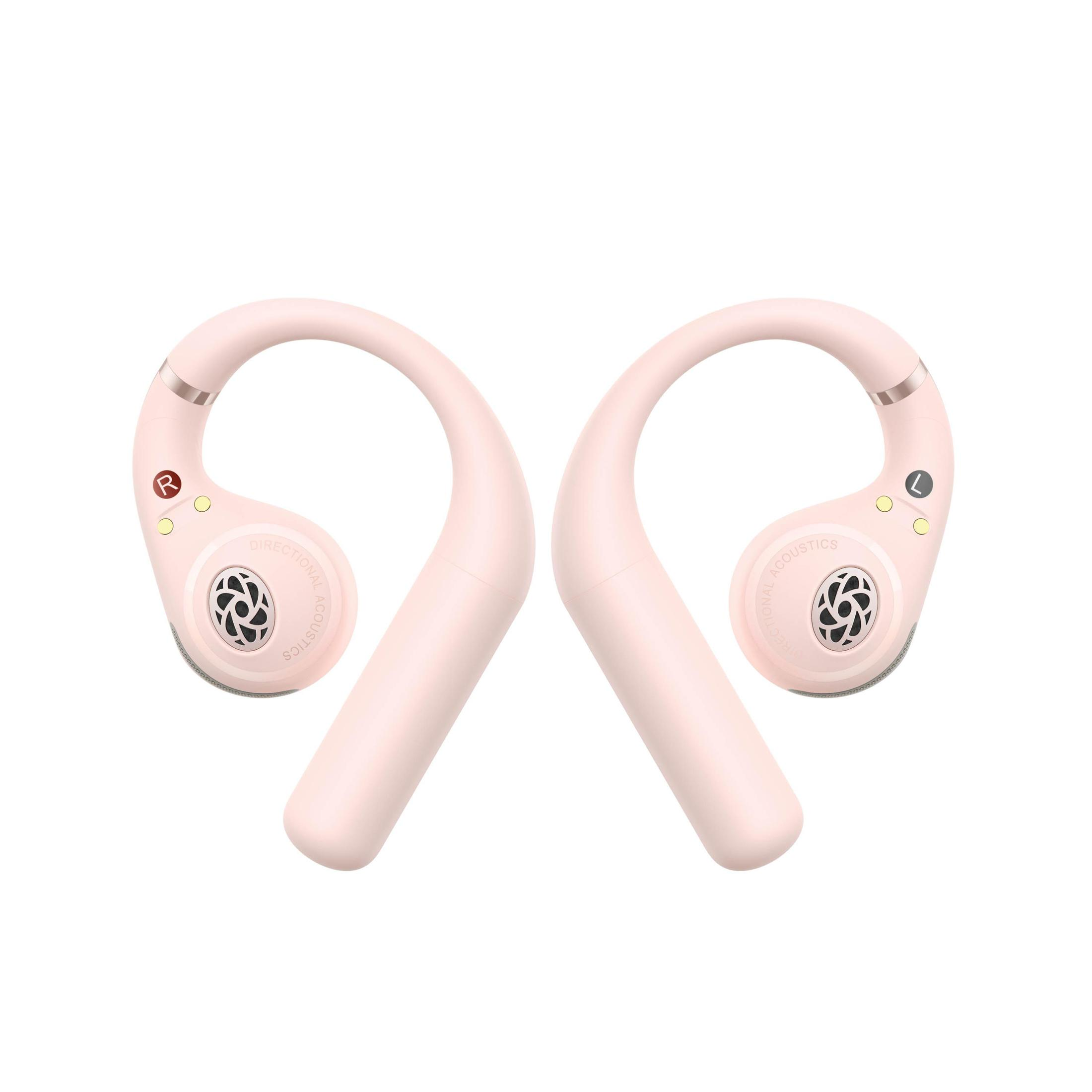 Due auricolari wireless rosa con ganci per le orecchie, su sfondo bianco.