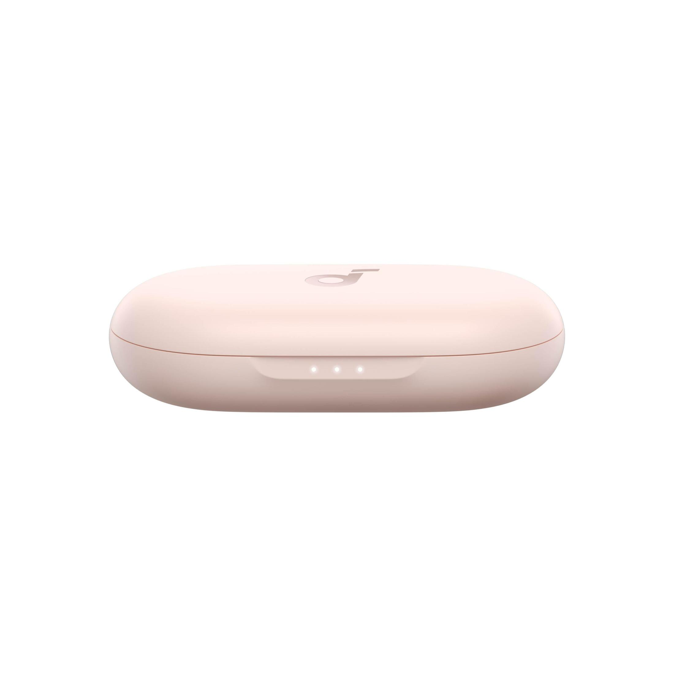 Un astuccio rosa a forma ovale con tre spie bianche, forse per auricolari.