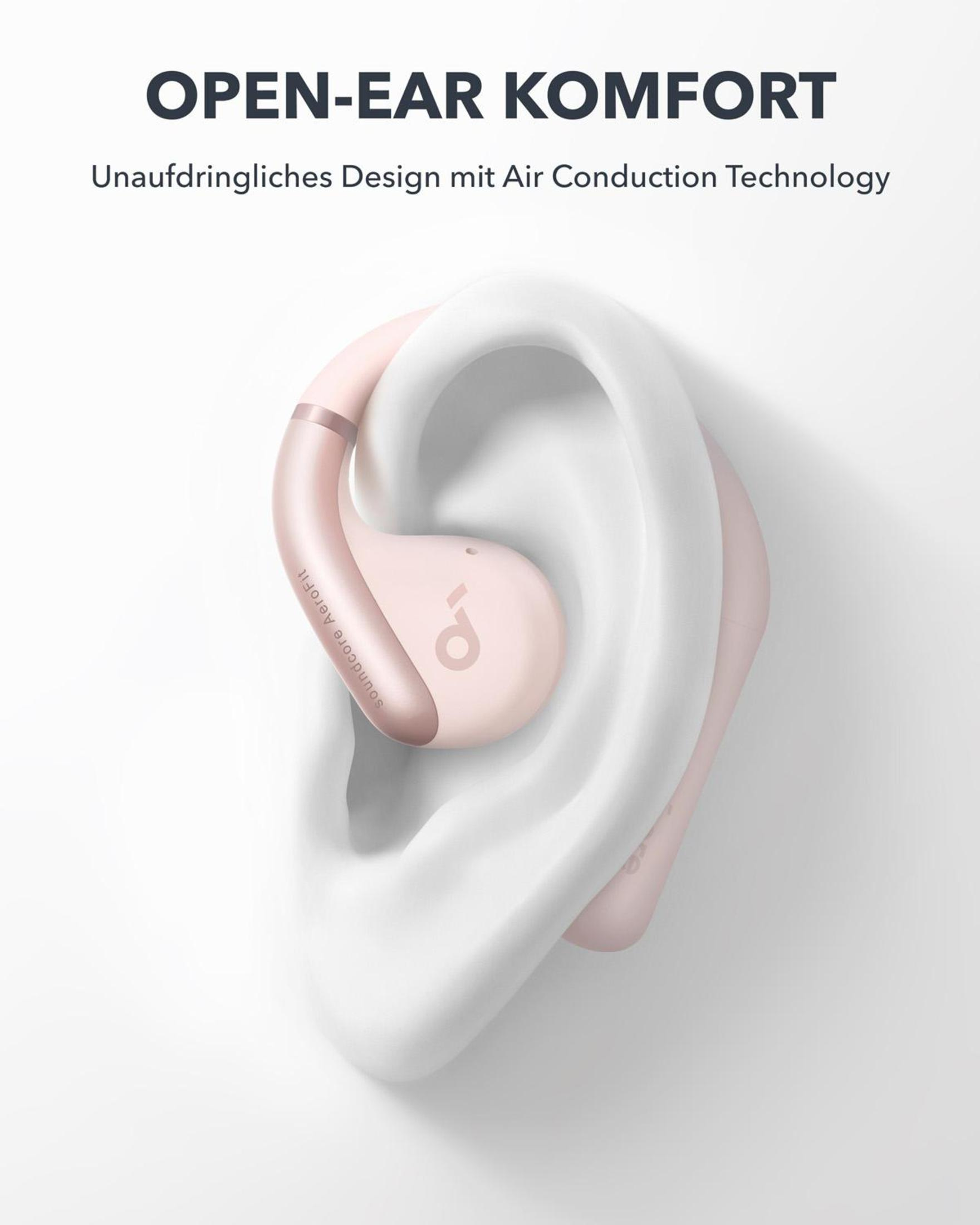 Un auricolare rosa posizionato in un orecchio. Il testo recita: Open-Ear Comfort.