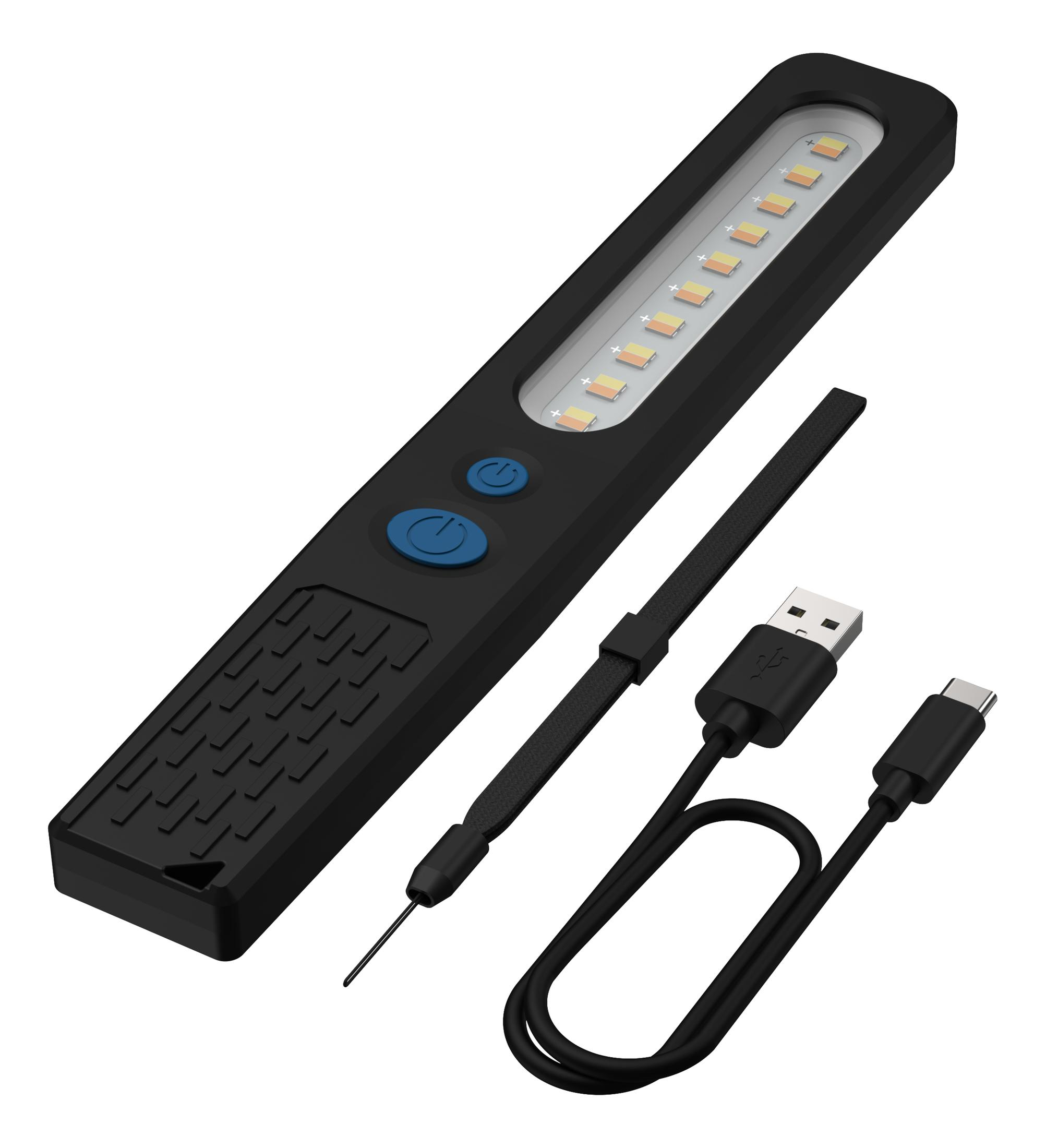 Eine schwarze Taschenlampe mit Ladekabel und USB-Adapter. Die Taschenlampe ist schwarz mit blauem Knopf.