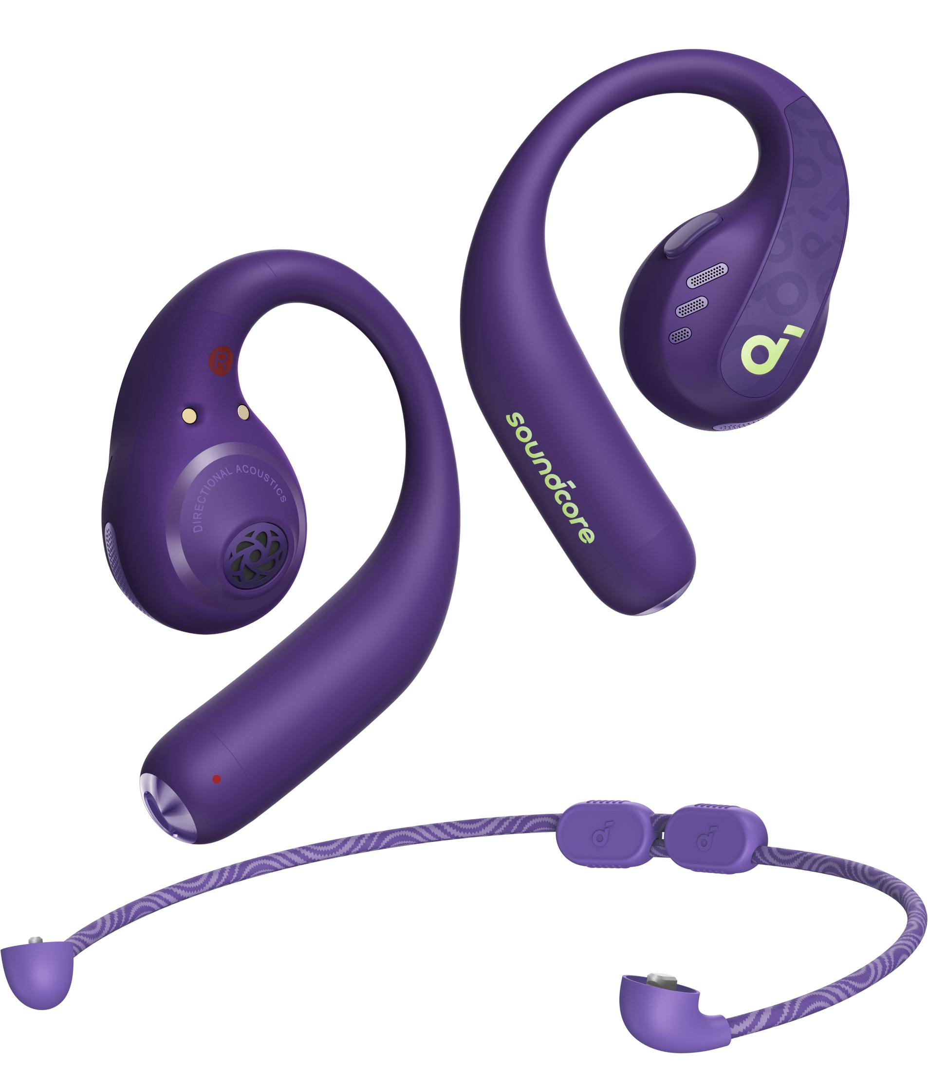 Auriculares Soundcore morados con una banda para el cuello. Diseño de gancho para la oreja y logo Soundcore.