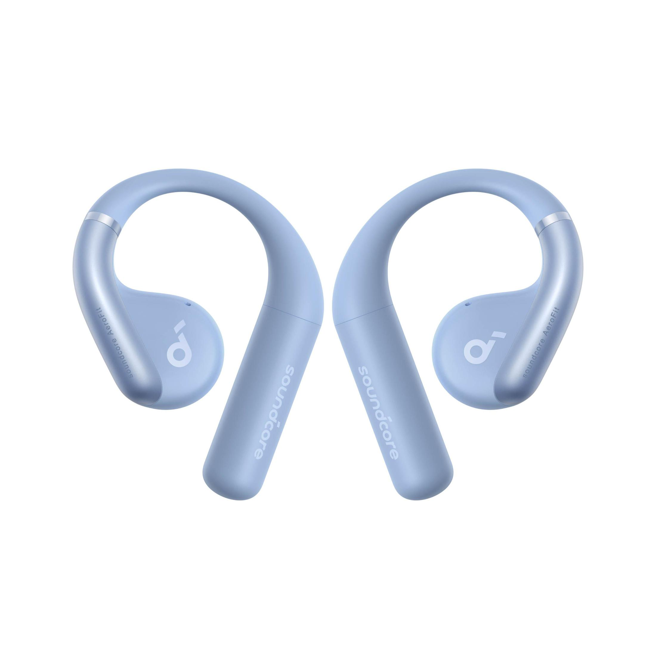 Zwei blaue und silberne kabellose Ohrhörer. Gebogenes Design, mit 'soundcore' auf dem Arm geschrieben.