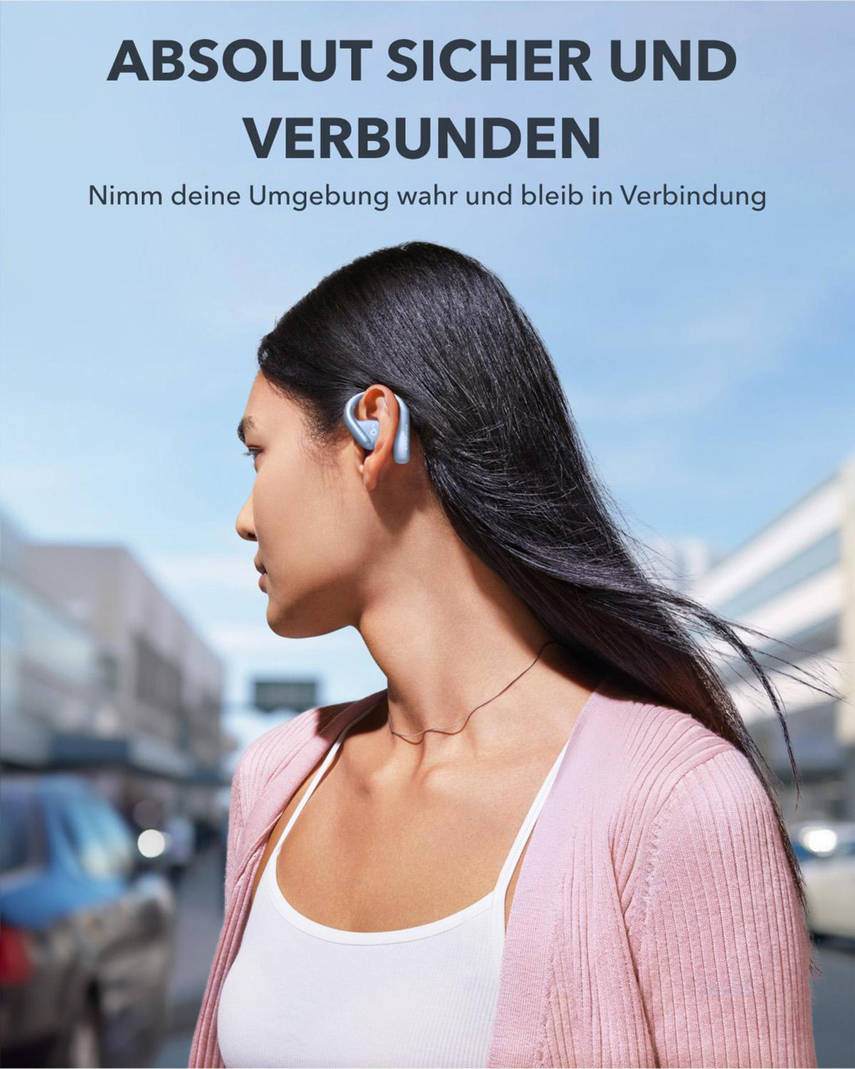 Eine Frau mit einem blauen Ohrhörer. Text beschreibt das Produkt als sicher und verbunden.