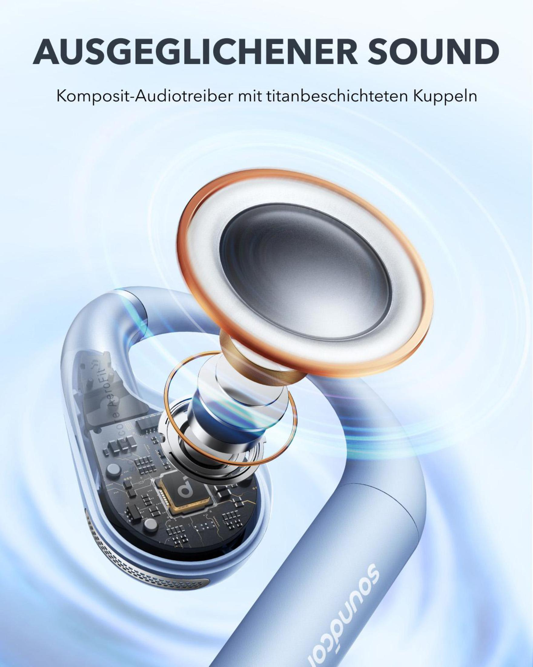 Kopfhörer mit einer Sound-Konzept-Illustration. Das Bild zeigt ein blau gefärbtes Headset.