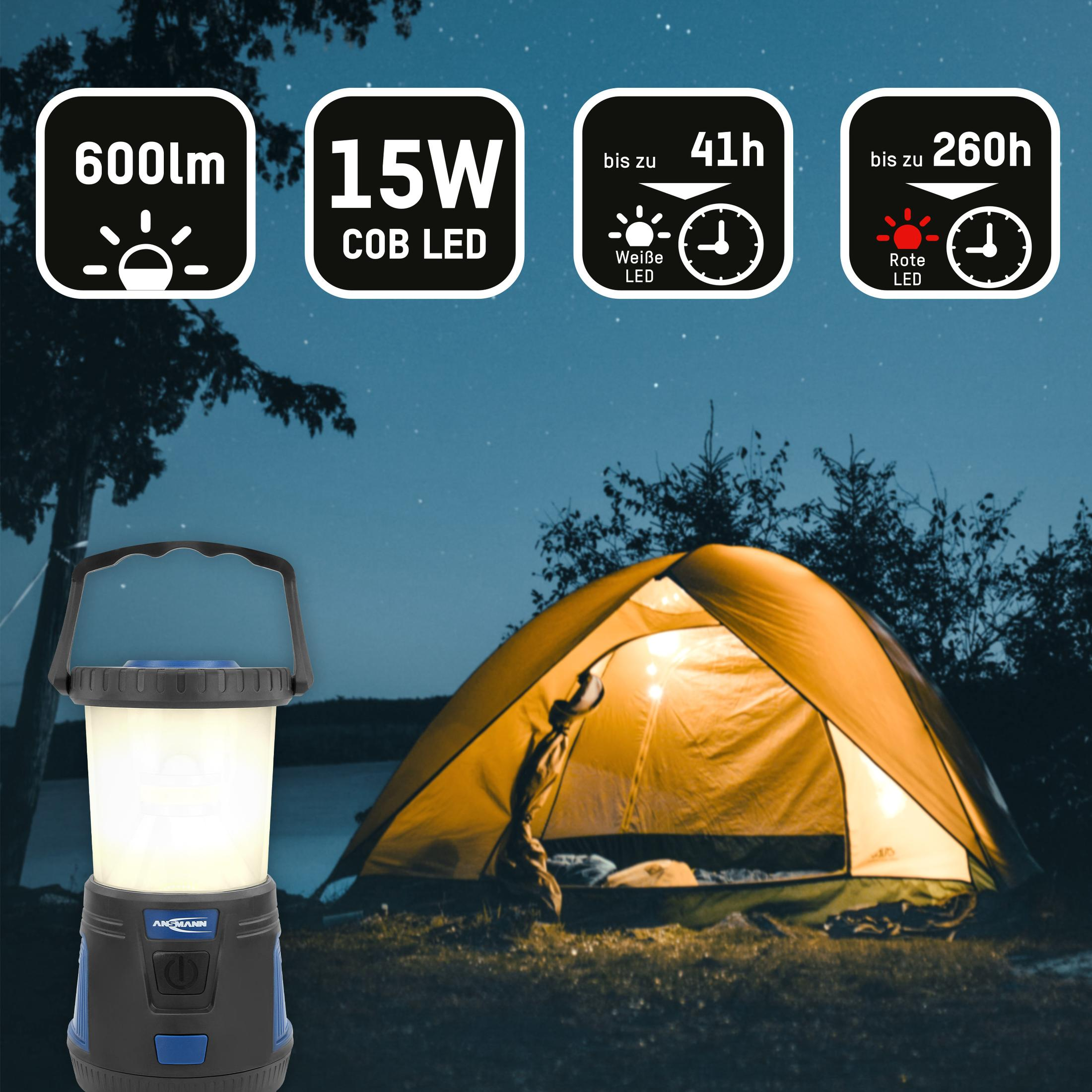 Campinglaterne mit Zelt, Anzeige mit Spezifikationen von 600lm, 15W LED, 41h und 260h.