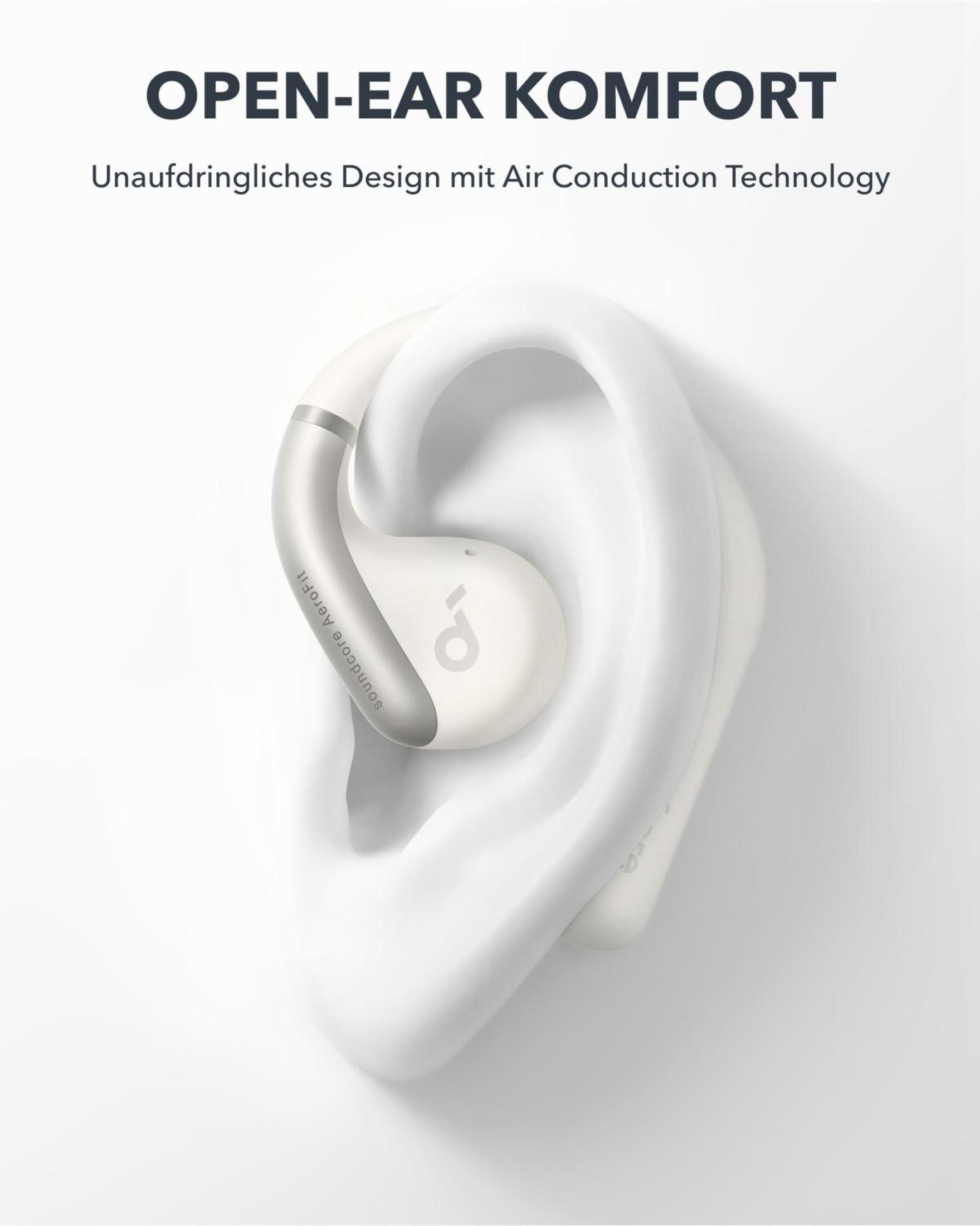 Ohrhörer in einem großen weißen Ohr. Text: Open-Ear-Komfort, mit Luftleitungstechnologie.