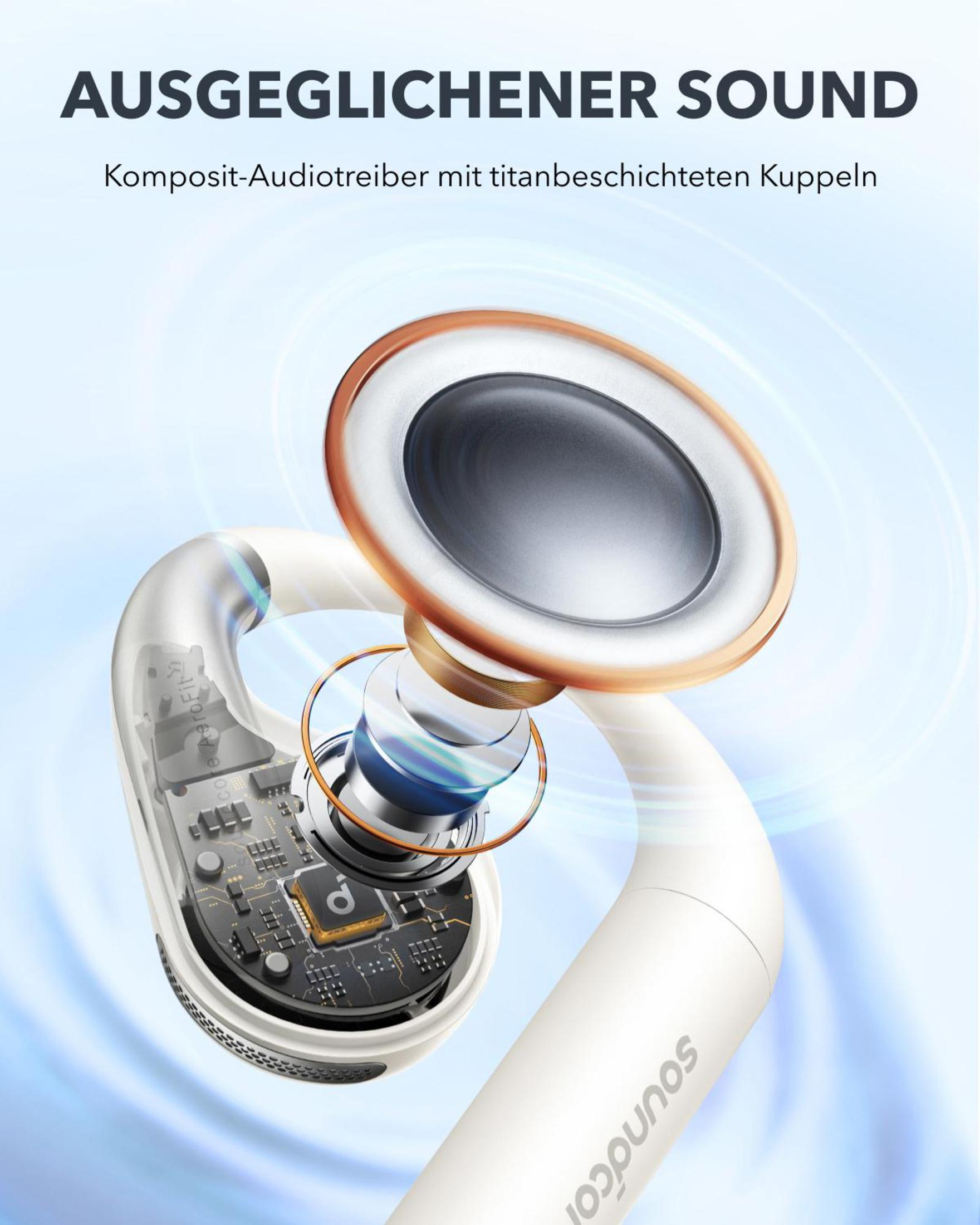 Weißer und silberner Kopfhörer mit dem Text 'AUSGEGLICHENER SOUND' und einem Diagramm des Inneren.