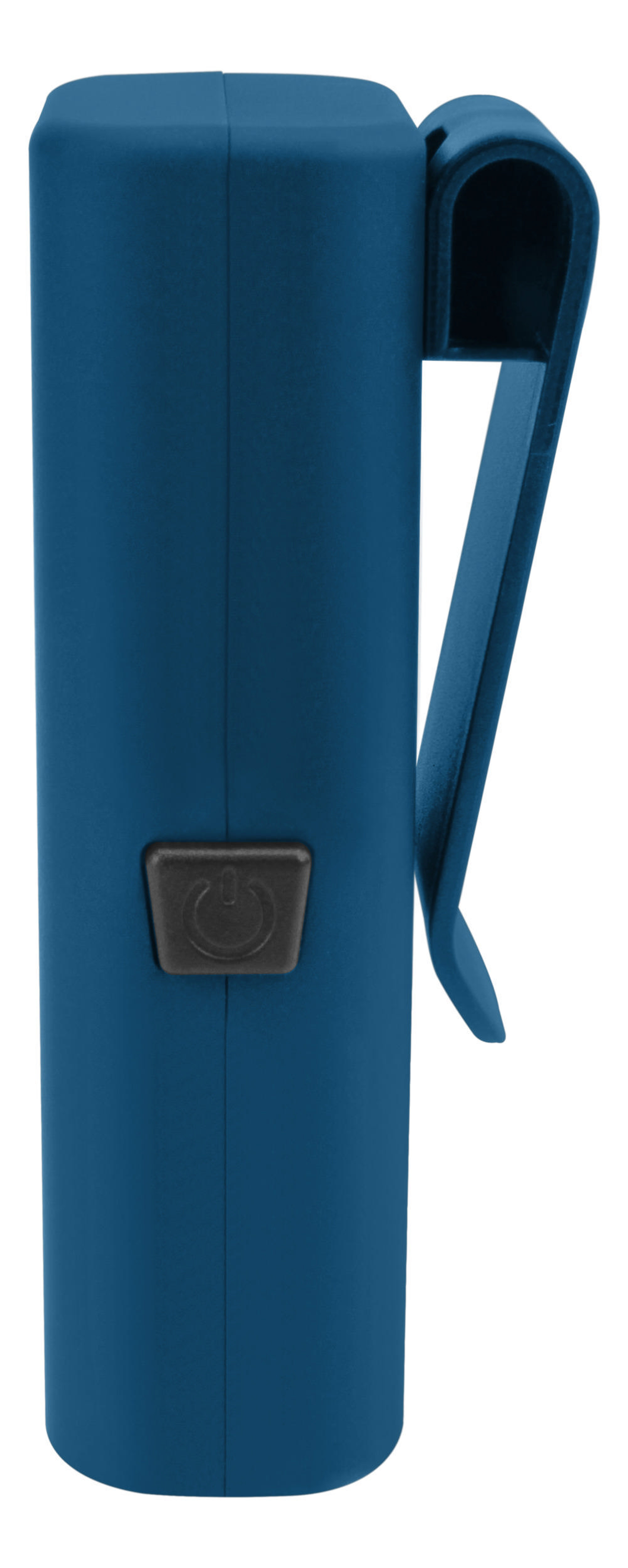 Niebieska latarka z czarnym przyciskiem zasilania i klipsem.