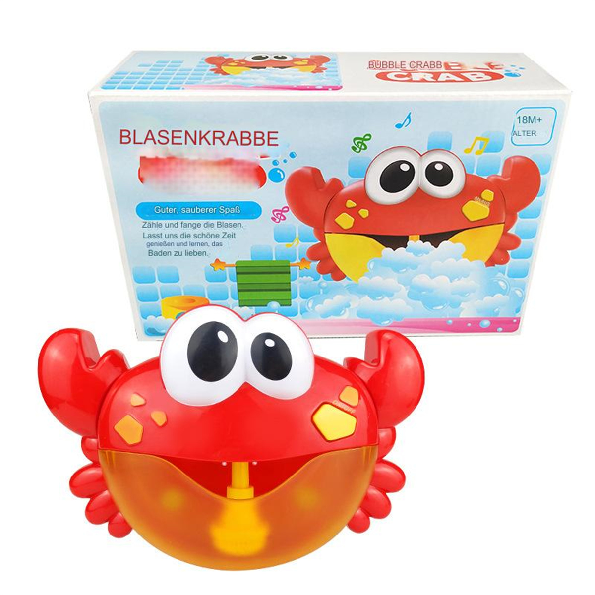 Rotes Krabbenspielzeug mit Blasen und eine Box mit einer Krabbendarstellung und Text.