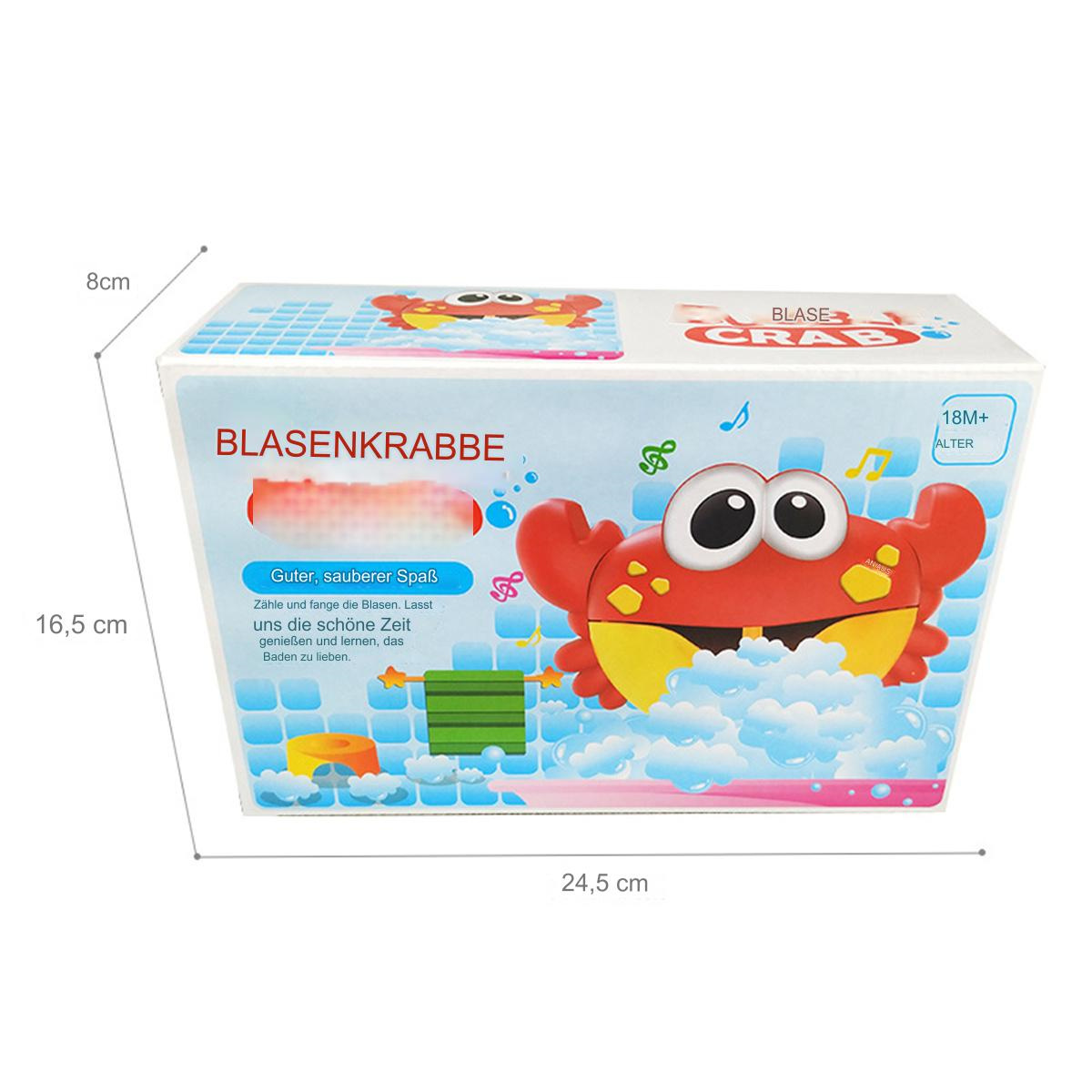 Eine Schachtel mit einem Krabbenspielzeug-Design. Sie hat Abmessungen und Text auf Deutsch.