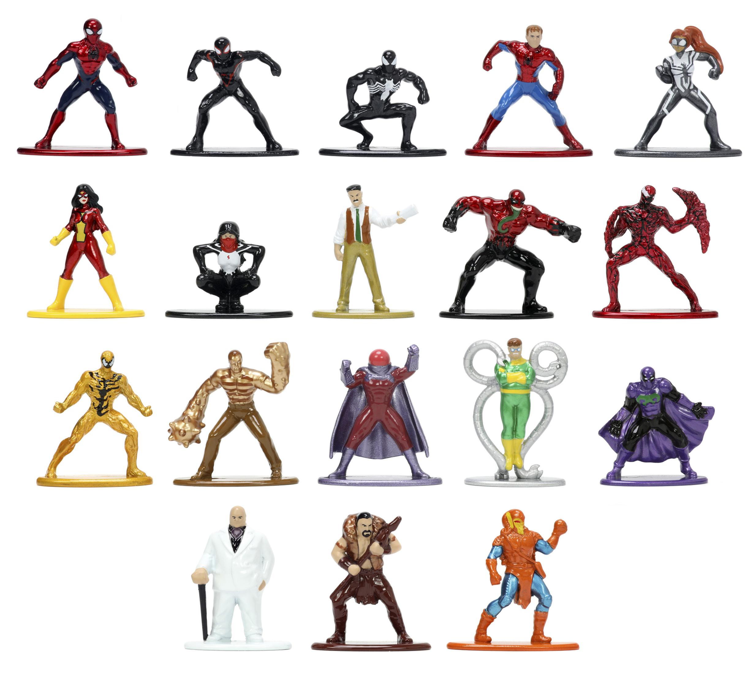 Eine Sammlung von Marvel-Superhelden-Figuren in verschiedenen Posen. Verschiedene Farben und Designs.