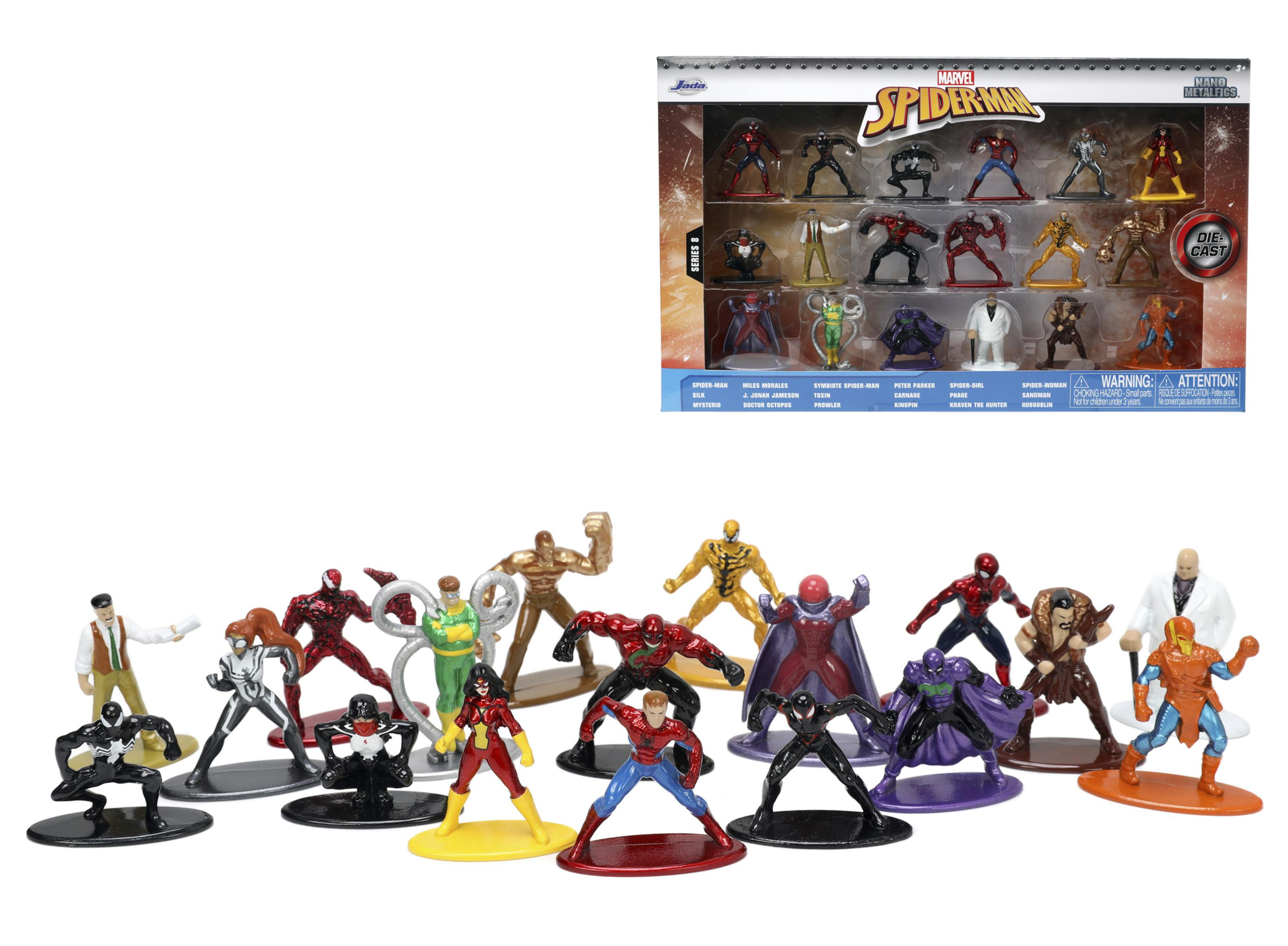 Eine Sammlung von Spider-Man-Figuren in verschiedenen Posen, mit einem verpackten Set im Hintergrund.