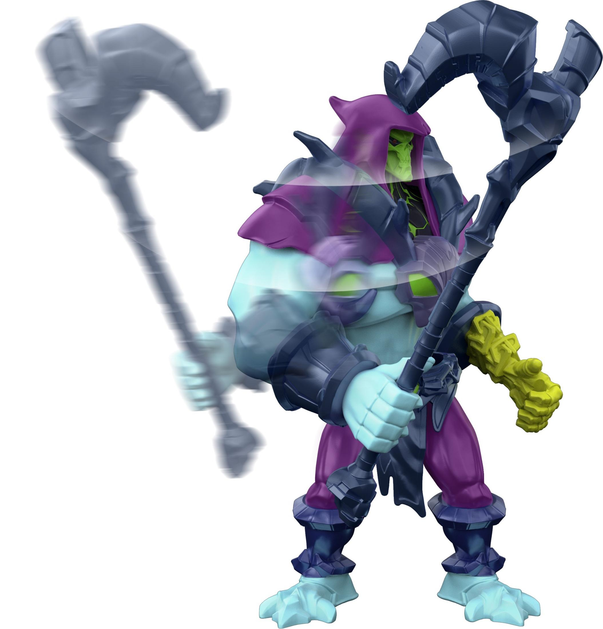 Figura de Skeletor sosteniendo un bastón con efecto de movimiento. Tiene cara verde.