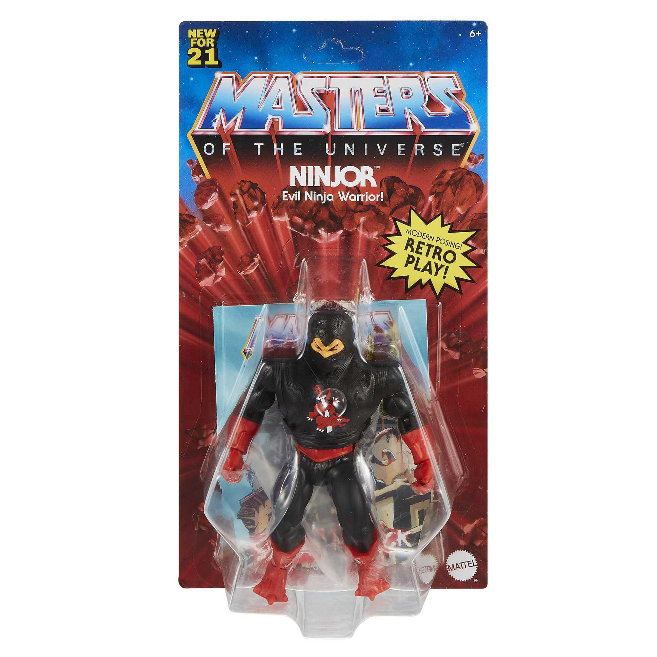Ninjor-Actionfigur in Verpackung, schwarzer Ninja-Anzug, rote Akzente, auf weißem Hintergrund.
