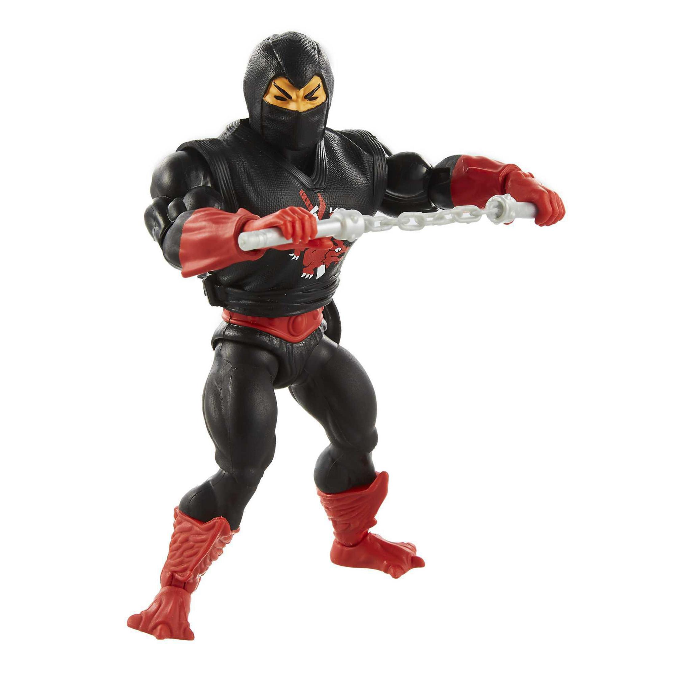 Actionfigur eines Ninjas in Schwarz und Rot, der eine Kettenwaffe hält.
