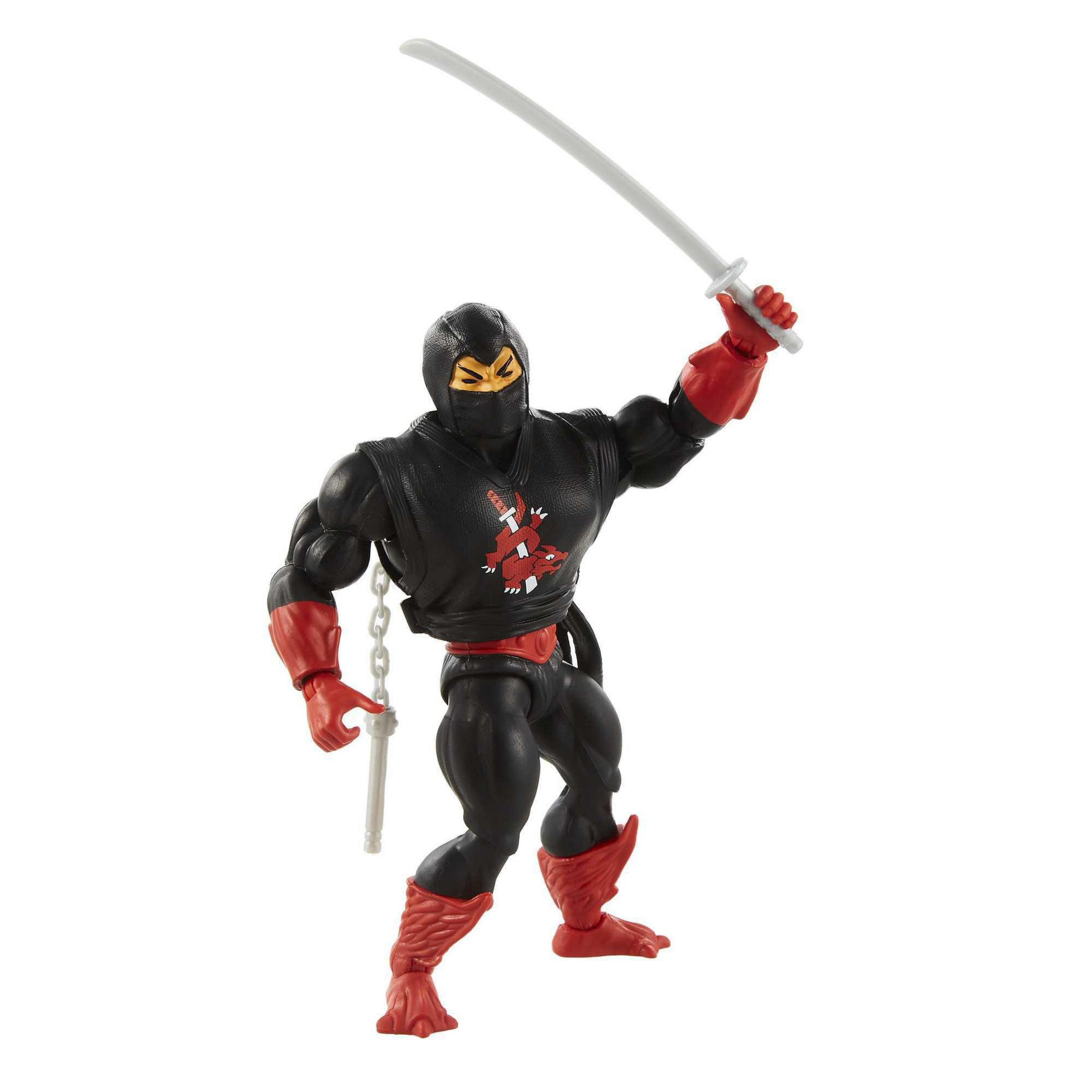 Ninja-Actionfigur in Schwarz und Rot, hält ein Katana. Die Figur hat eine gelbe Maske.