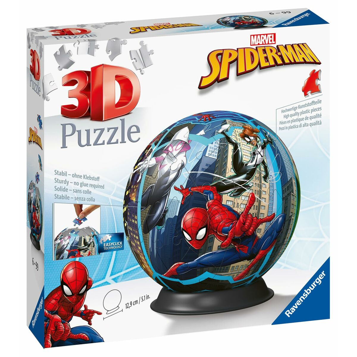 Pudełko z puzzlami 3D Spider-Man z ukończoną układanką w kuli.