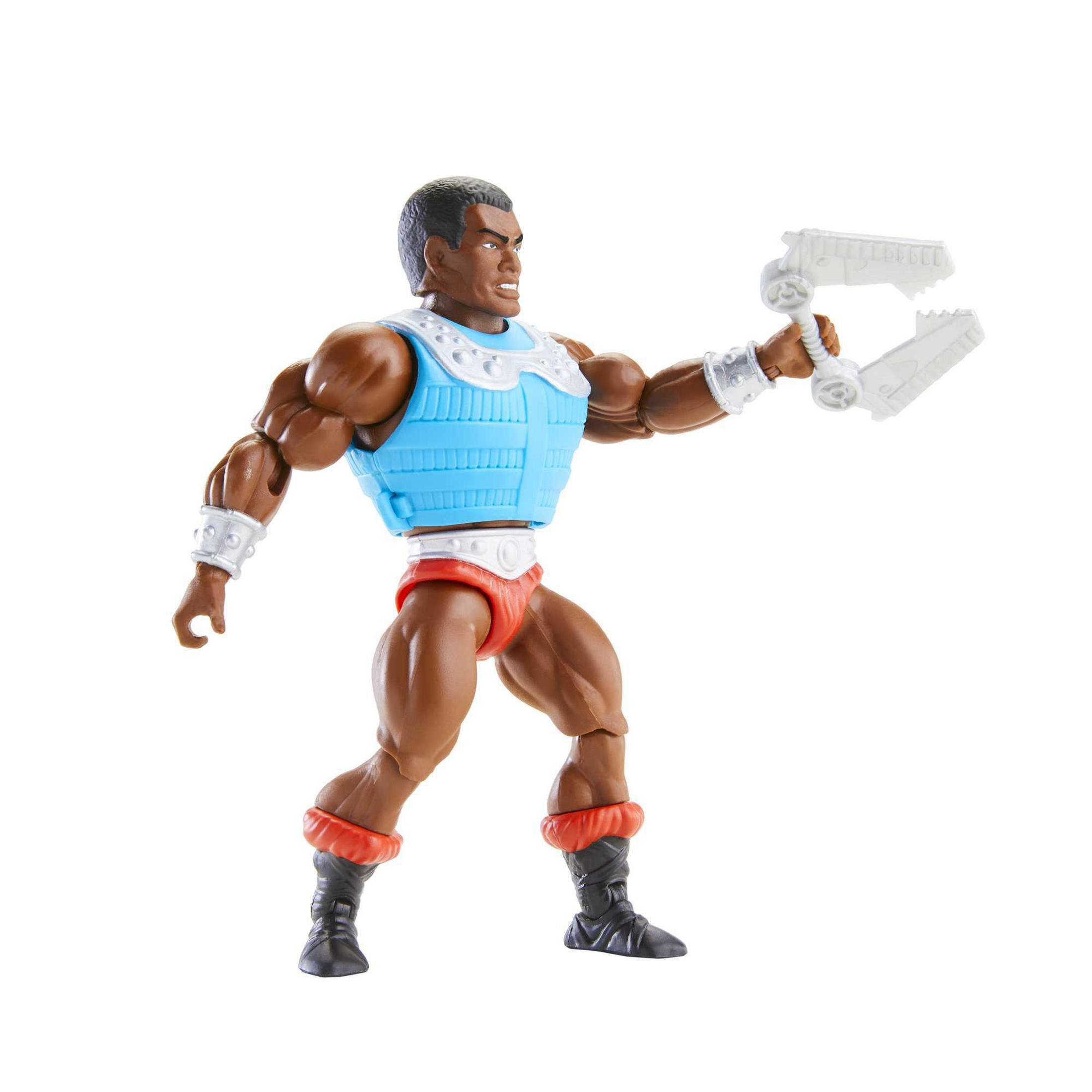 Eine muskulöse Actionfigur in blauer Weste, roten Shorts und schwarzen Stiefeln, die eine Waffe hält.