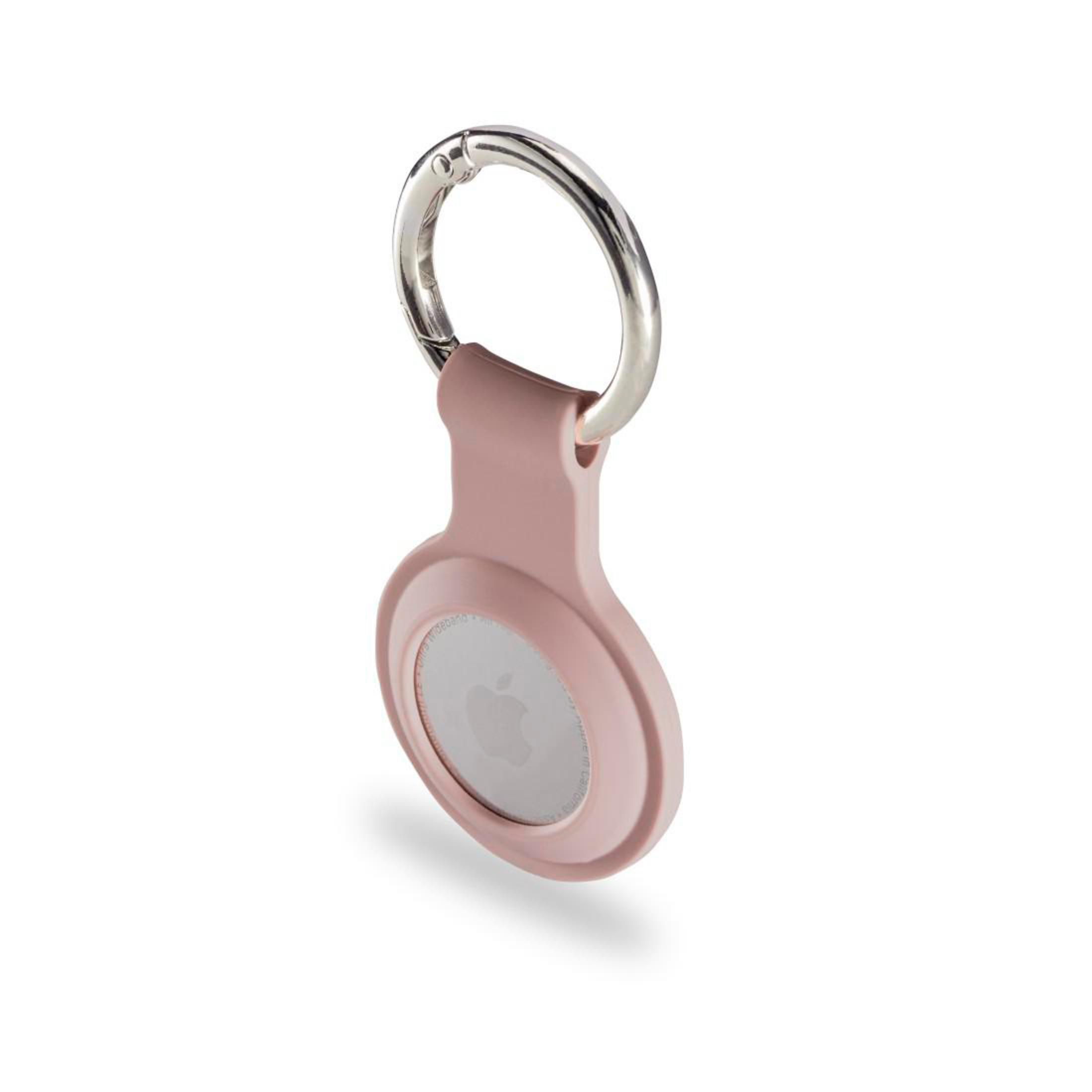 Różowy uchwyt Apple AirTag ze srebrnym breloczkiem. Logo Apple jest widoczne z tyłu.