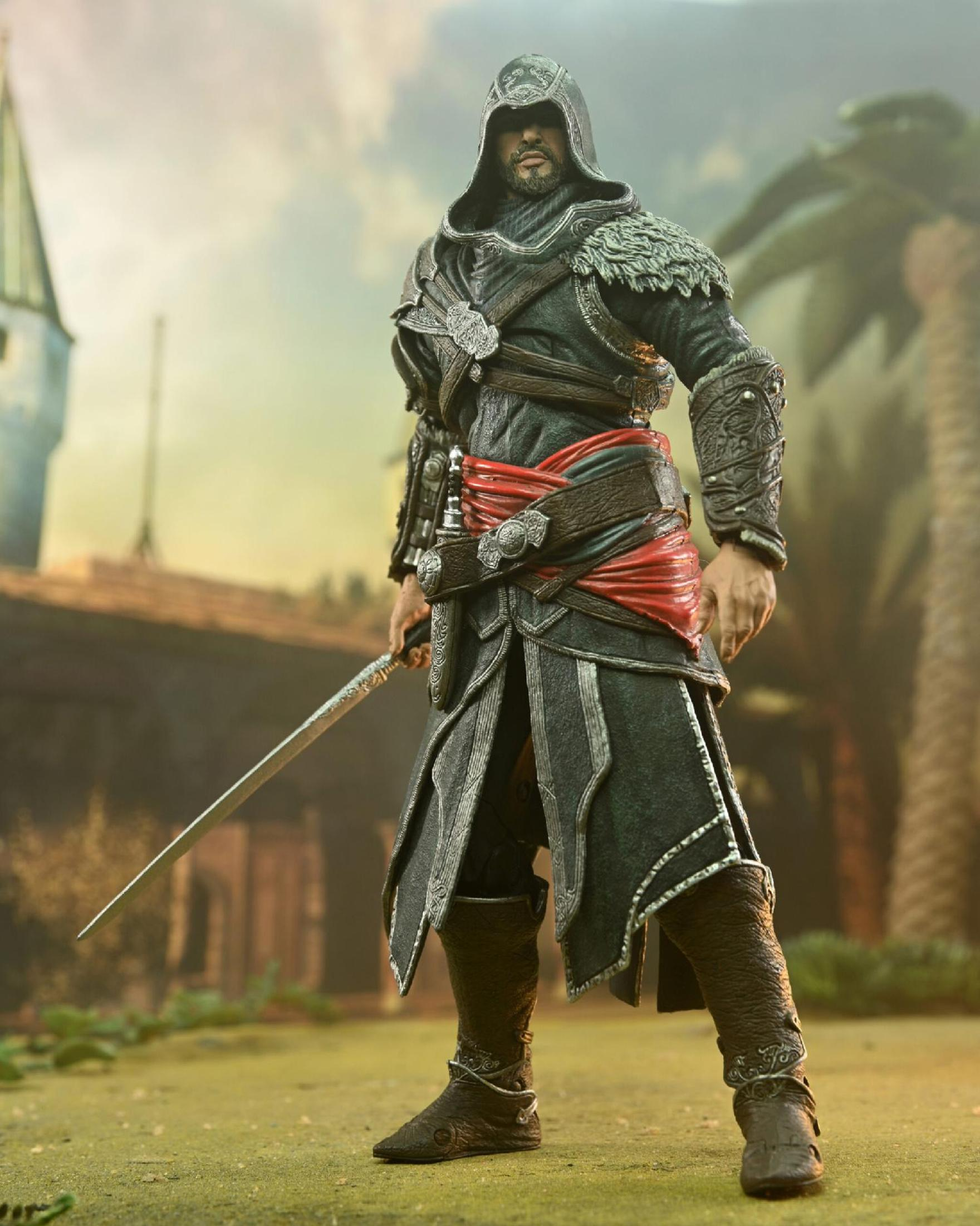 Eine Assassin's Creed-Actionfigur, gekleidet in Schwarz und Rot, hält ein Schwert.