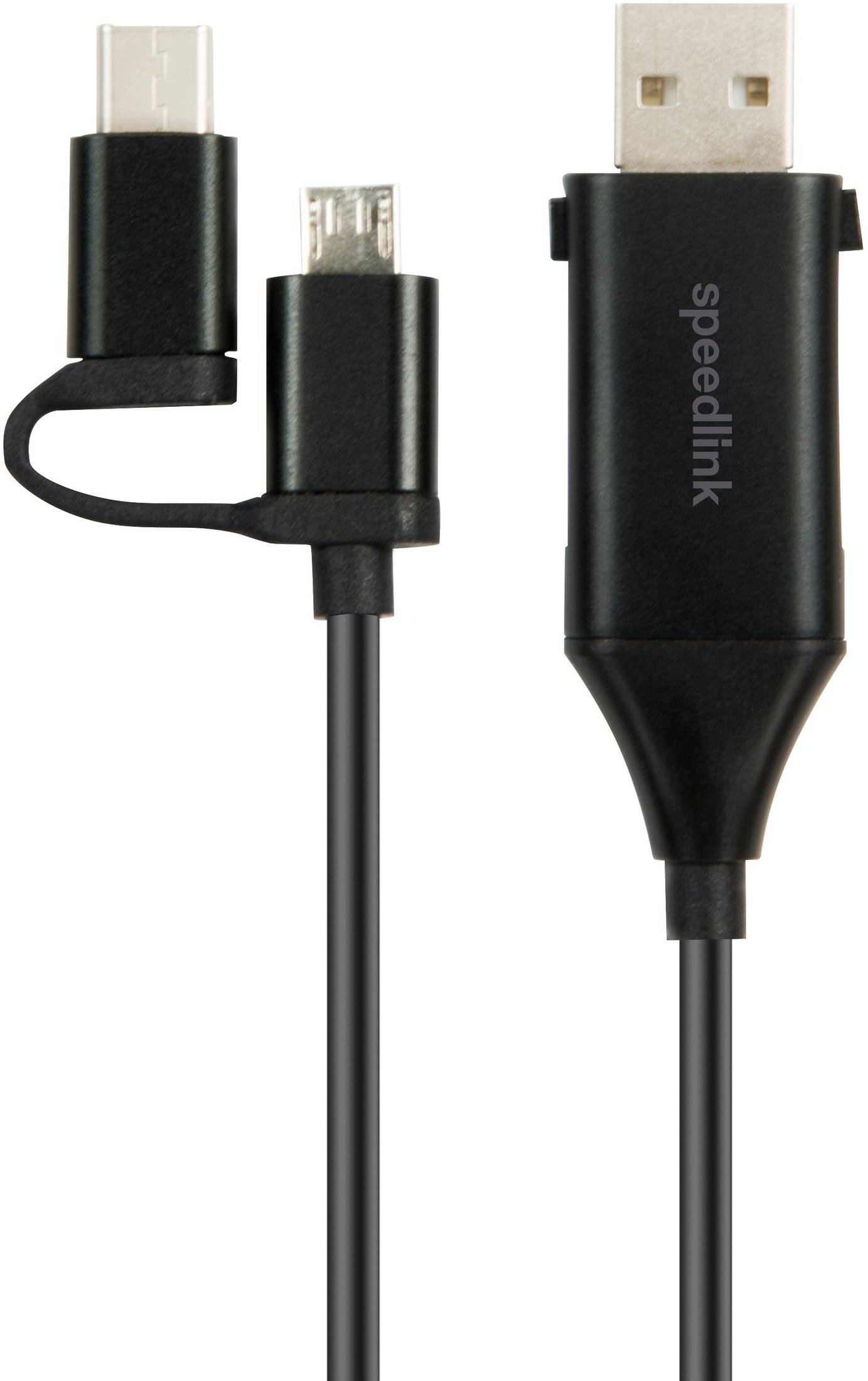 Schwarzes USB-Ladekabel. Hat einen USB-A-Anschluss an einem Ende und einen Doppelanschluss am anderen.