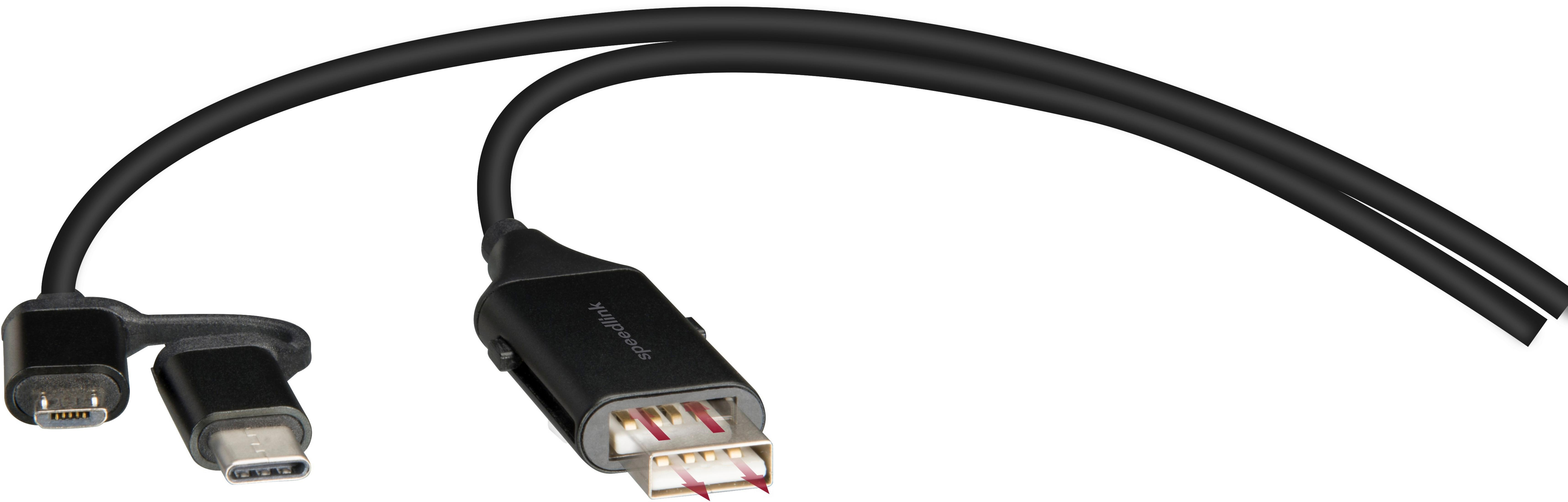 Schwarzes USB-Ladekabel. Doppelanschluss an einem Ende und USB-A am anderen. Marke Speedlink.