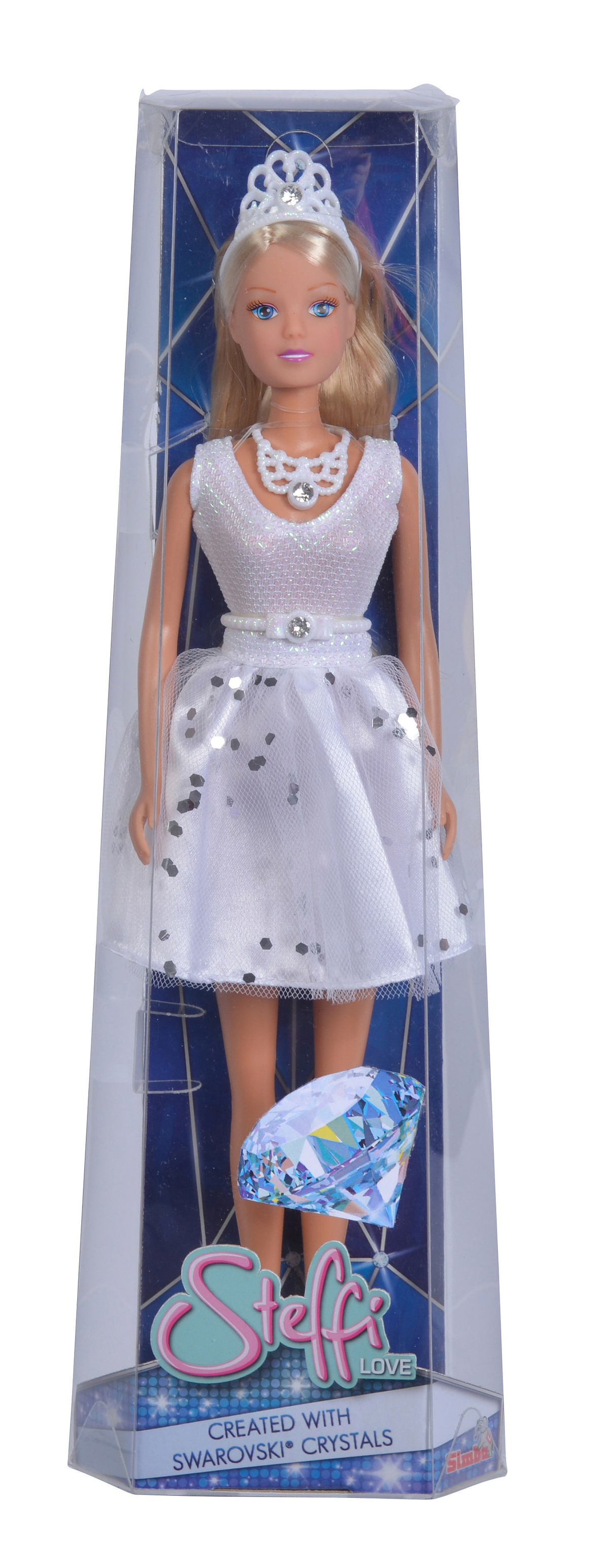 Blonde Puppe in weißem Kleid und Diadem, in einer durchsichtigen Plastikbox, mit dem Namen 'Steffi Love'.