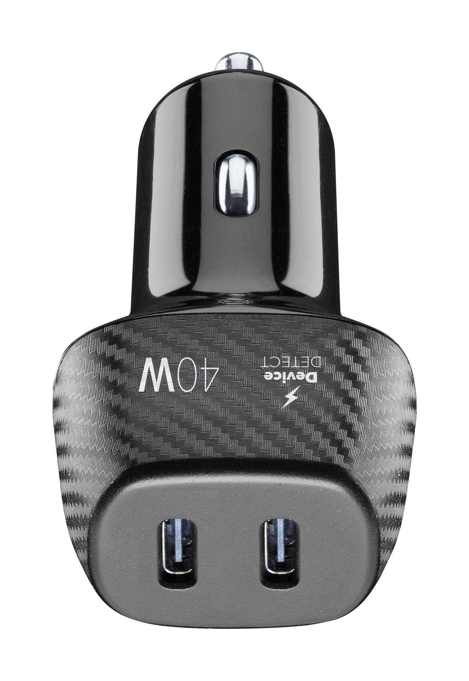 Ein schwarzes 40W-Autoladegerät mit zwei USB-Anschlüssen. Es hat ein Karbonfaser-Design. Weißer Hintergrund.