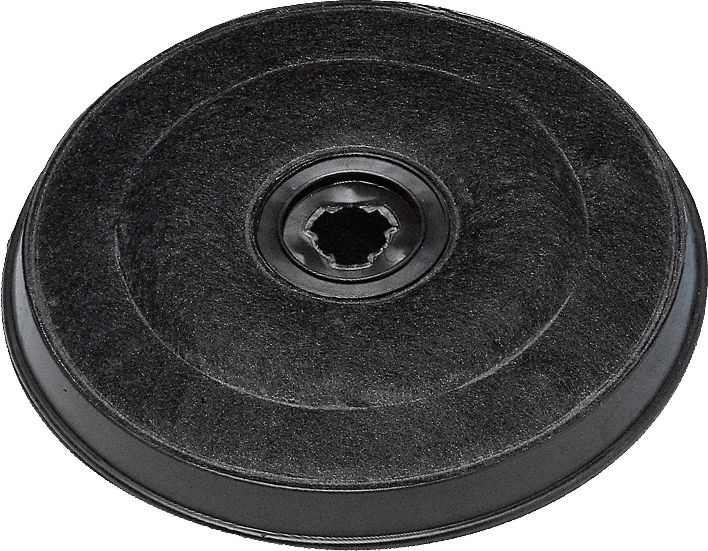 Czarny, okrągły filtr węglowy do okapu kuchennego, z centralnym otworem.