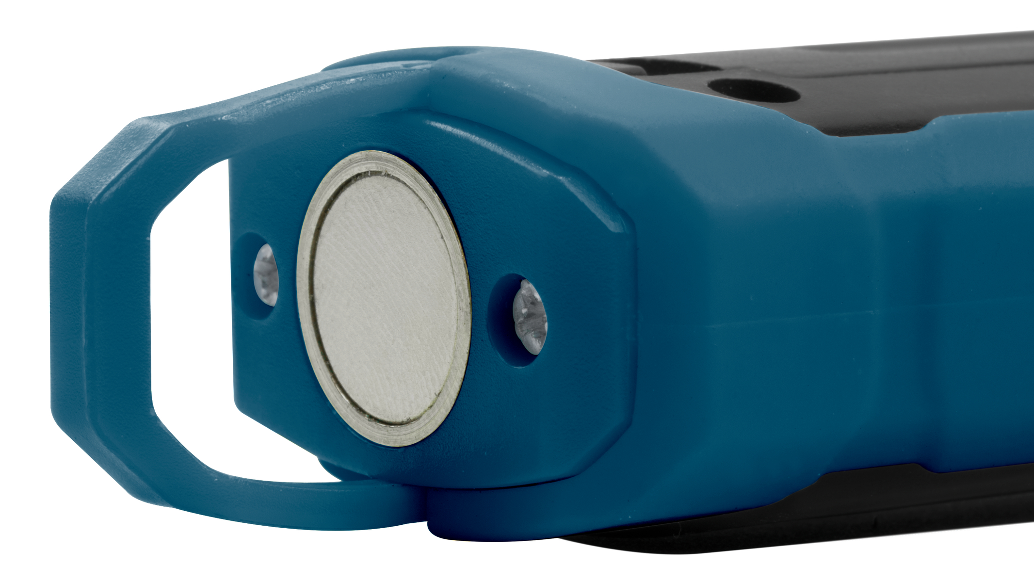 Nahaufnahme einer blaugrünen und schwarzen Taschenlampe mit silberner Magnetbasis.