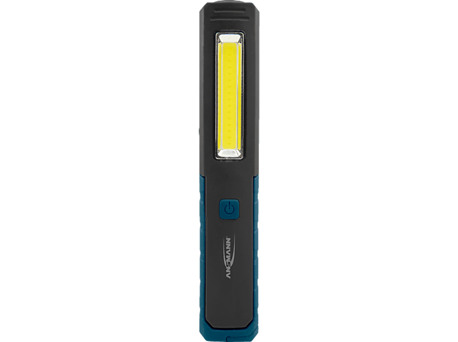 Schwarzes und blaugrünes Arbeitslicht mit einem hellen LED-Streifen und einem Ein-/Ausschalter.