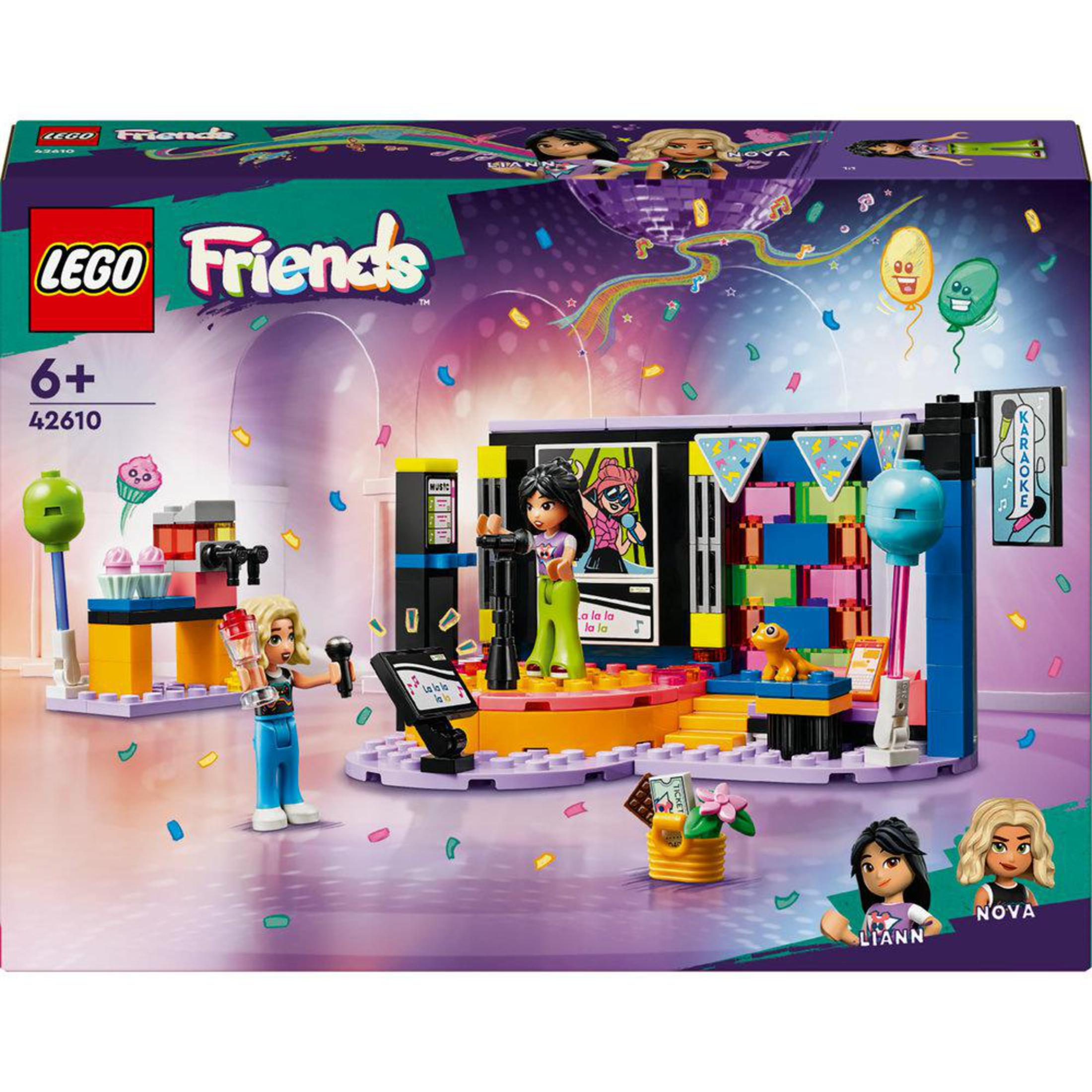 LEGO Friends set met podium, figuren en accessoires voor een karaokescène.