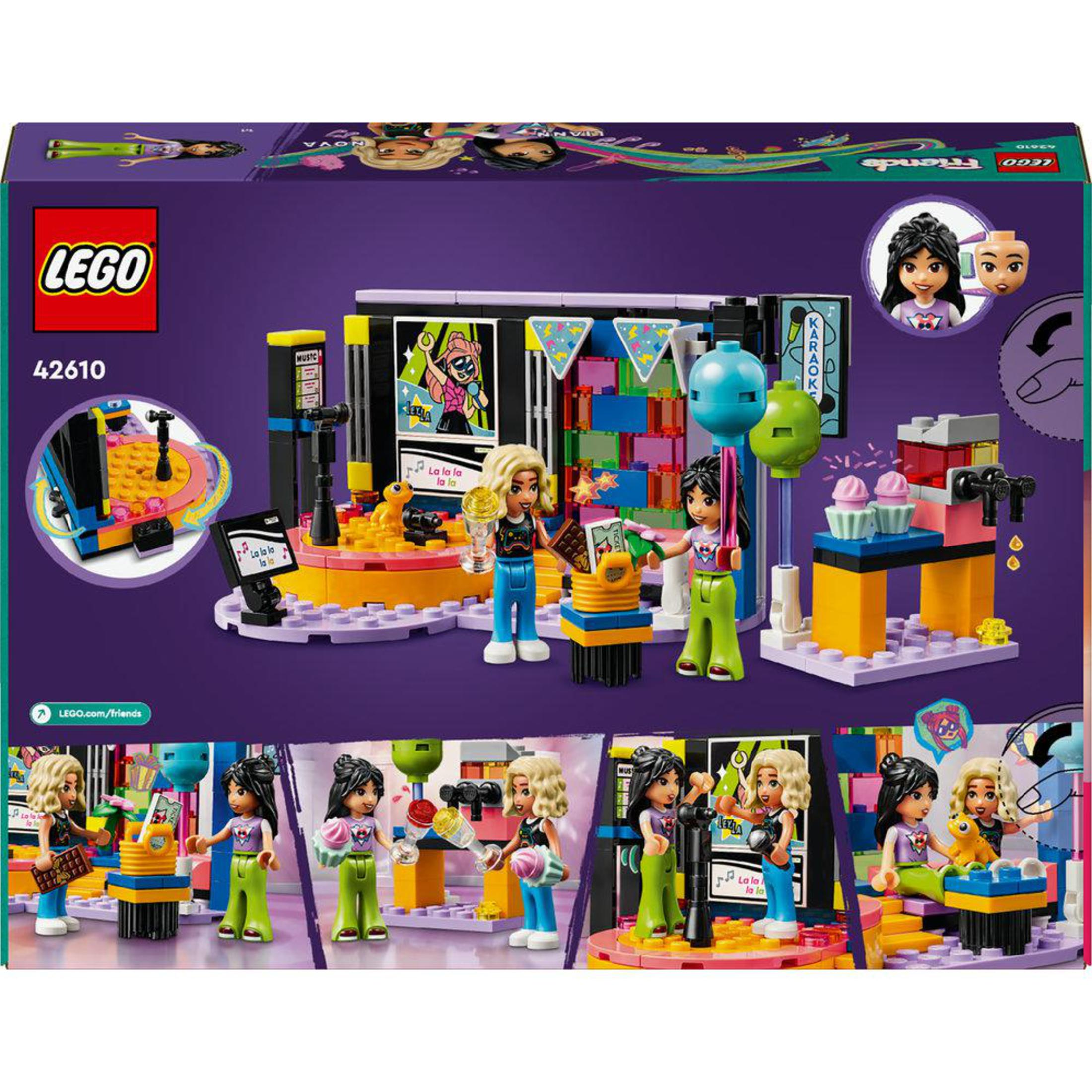 LEGO-doos met een podiumset met karakters, kleurrijk podium en achtergronden, en het LEGO-logo.