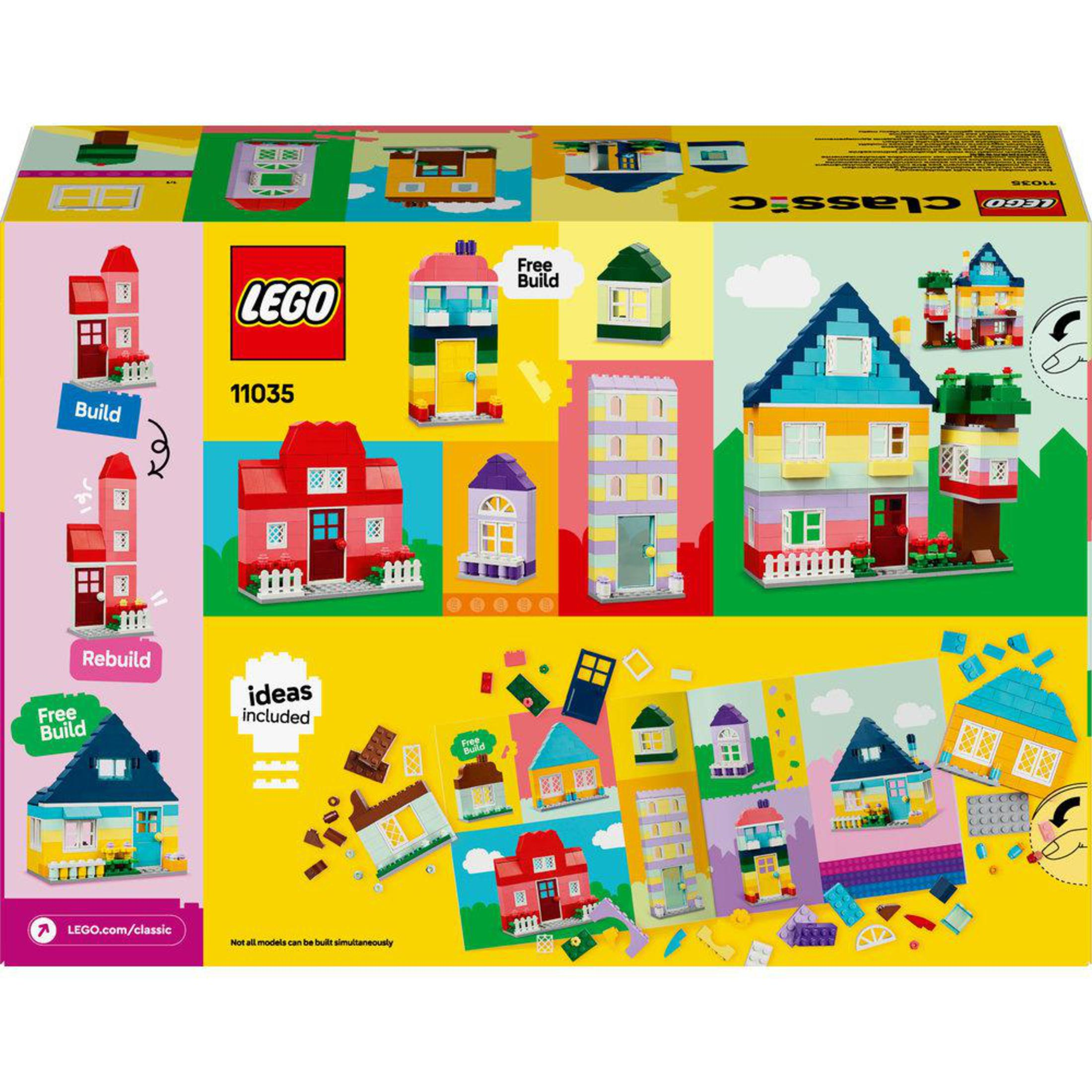 Scatola LEGO Classic che mostra diversi modelli di case e istruzioni di costruzione per i bambini.