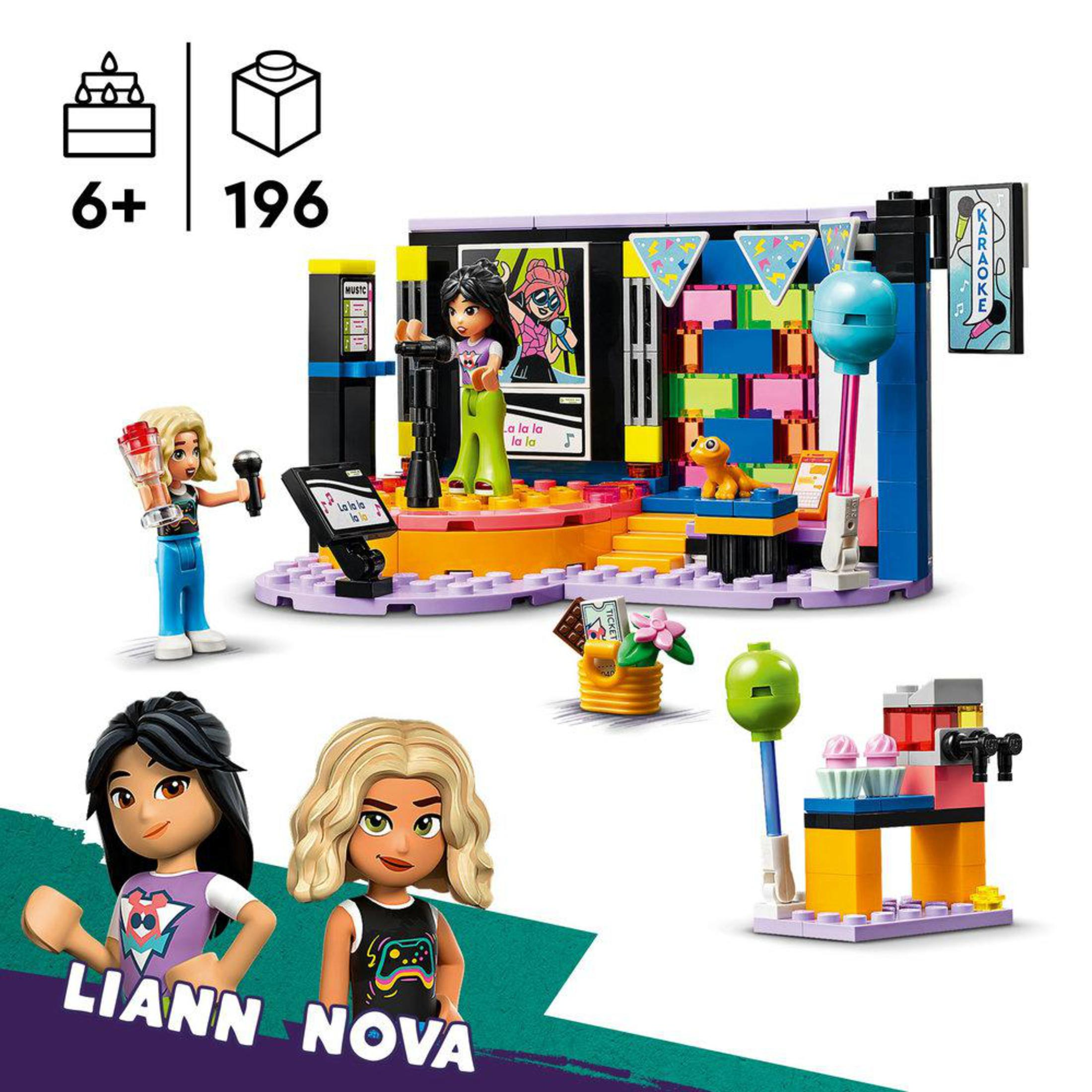 Een LEGO-set met drie figuren op een podium en andere elementen. De set is voor kinderen vanaf 6 jaar en heeft 196 stukjes.