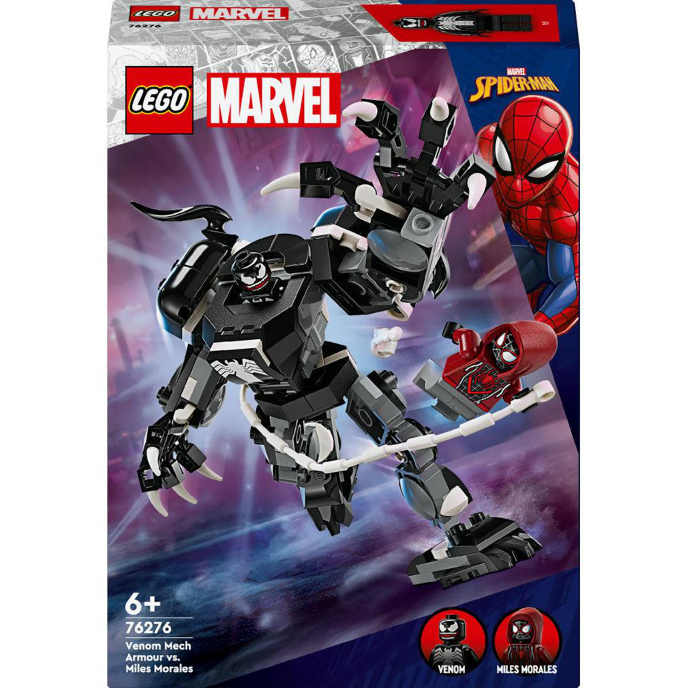 Lego-Set-Box mit Venom-Mech und Spider-Man-Figuren. Die Box hat Marvel-Logo.