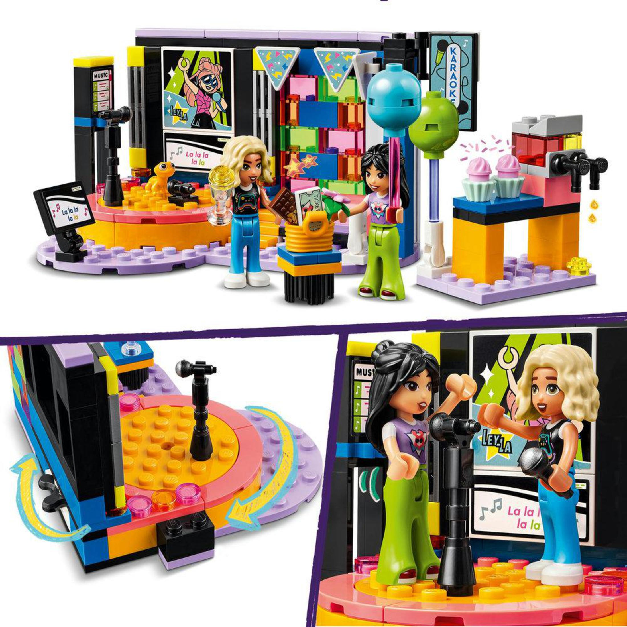 LEGO Friends karaokeset met minifiguren. Kleurrijk podium en accessoires. Witte achtergrond.