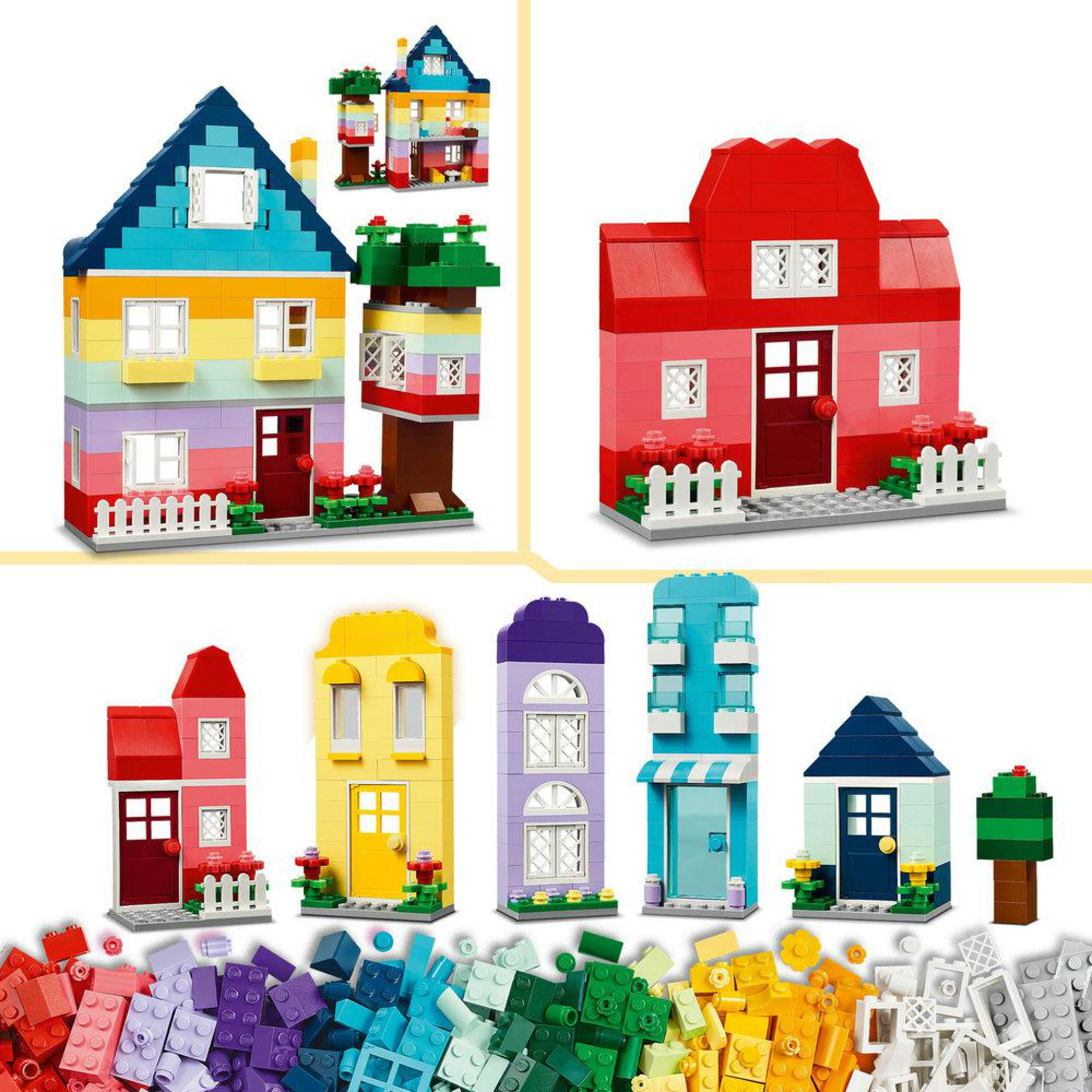 Varie case Lego con blocchi colorati e pezzi Lego aggiuntivi.