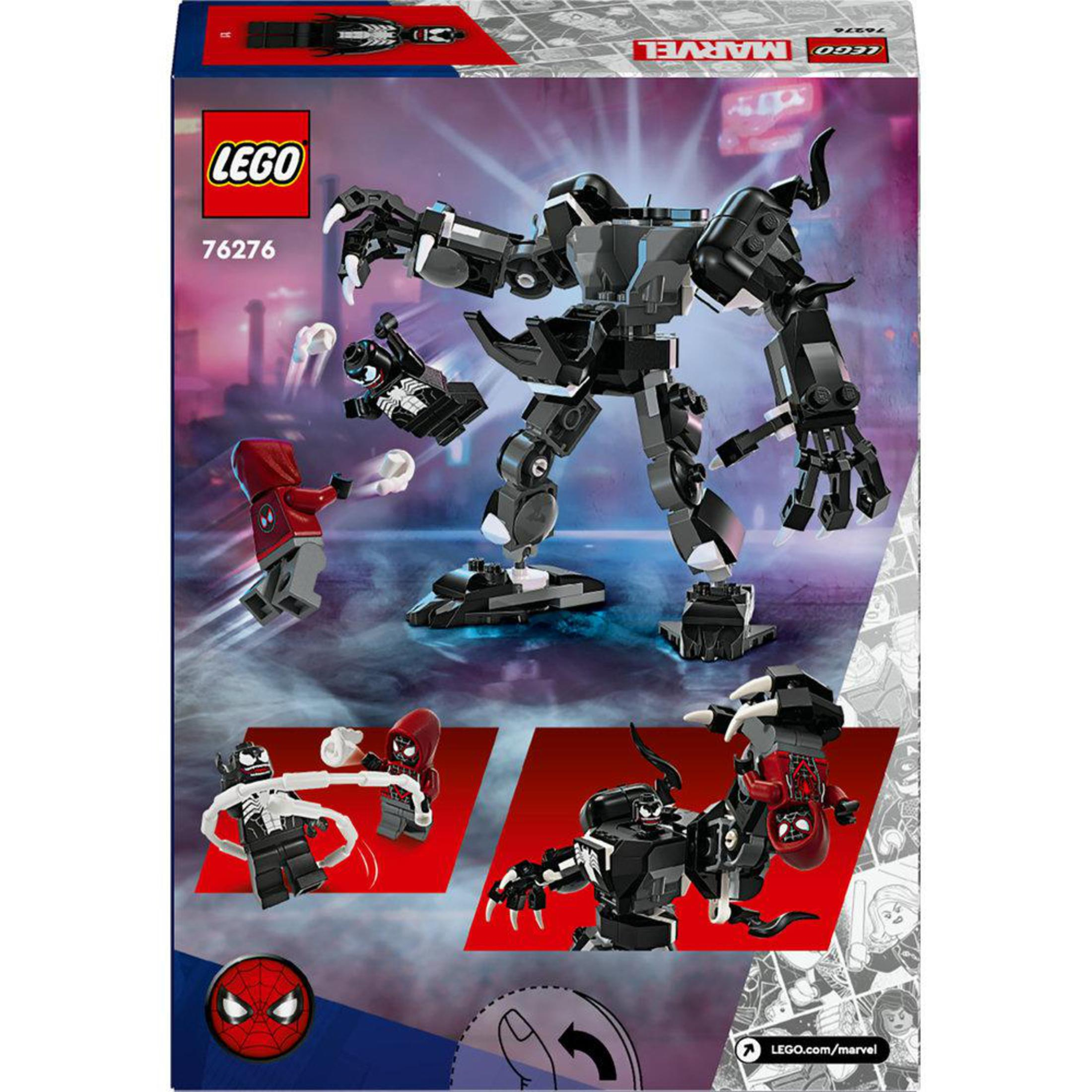 Lego-Box mit Lego-Figuren von Venom und Spider-Man. Action-Szene auf der Box-Art.