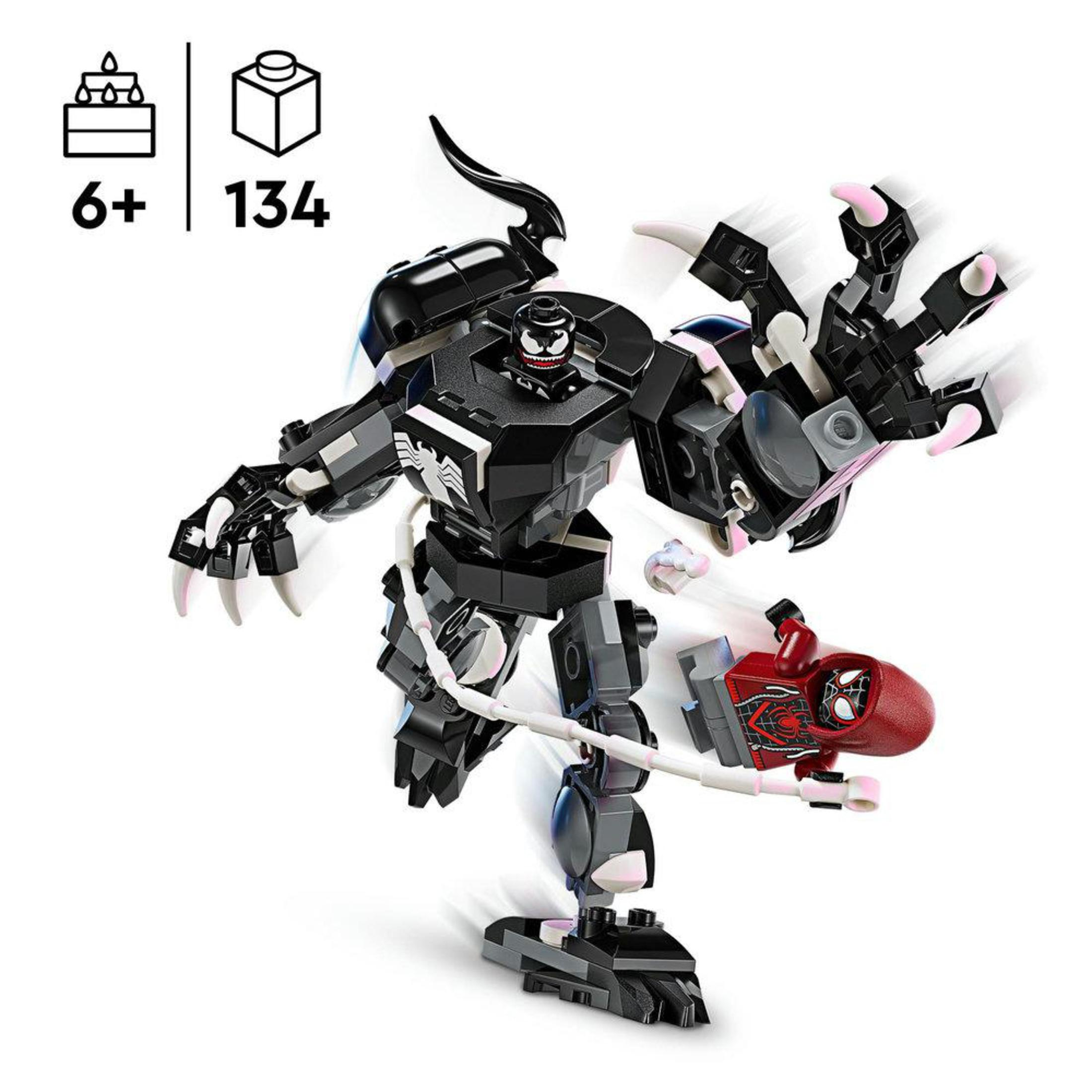 Ein Lego-Set mit einer großen Venom-Figur, die Spider-Man bekämpft, mit Text und Blöcken.