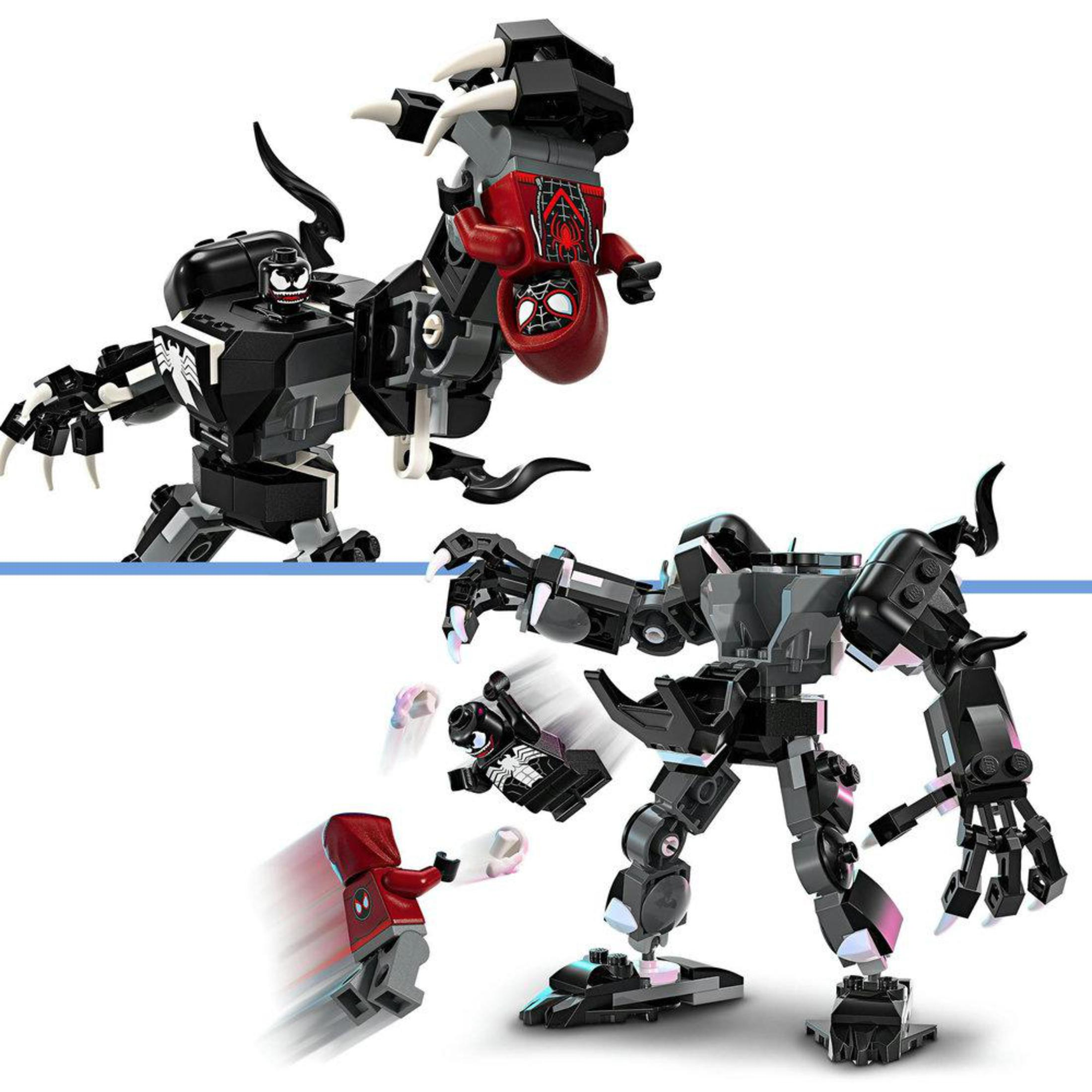 Lego-Set mit schwarzen und weißen Venom-Figuren und einer Spider-Man-Figur auf einer bullenartigen Figur.