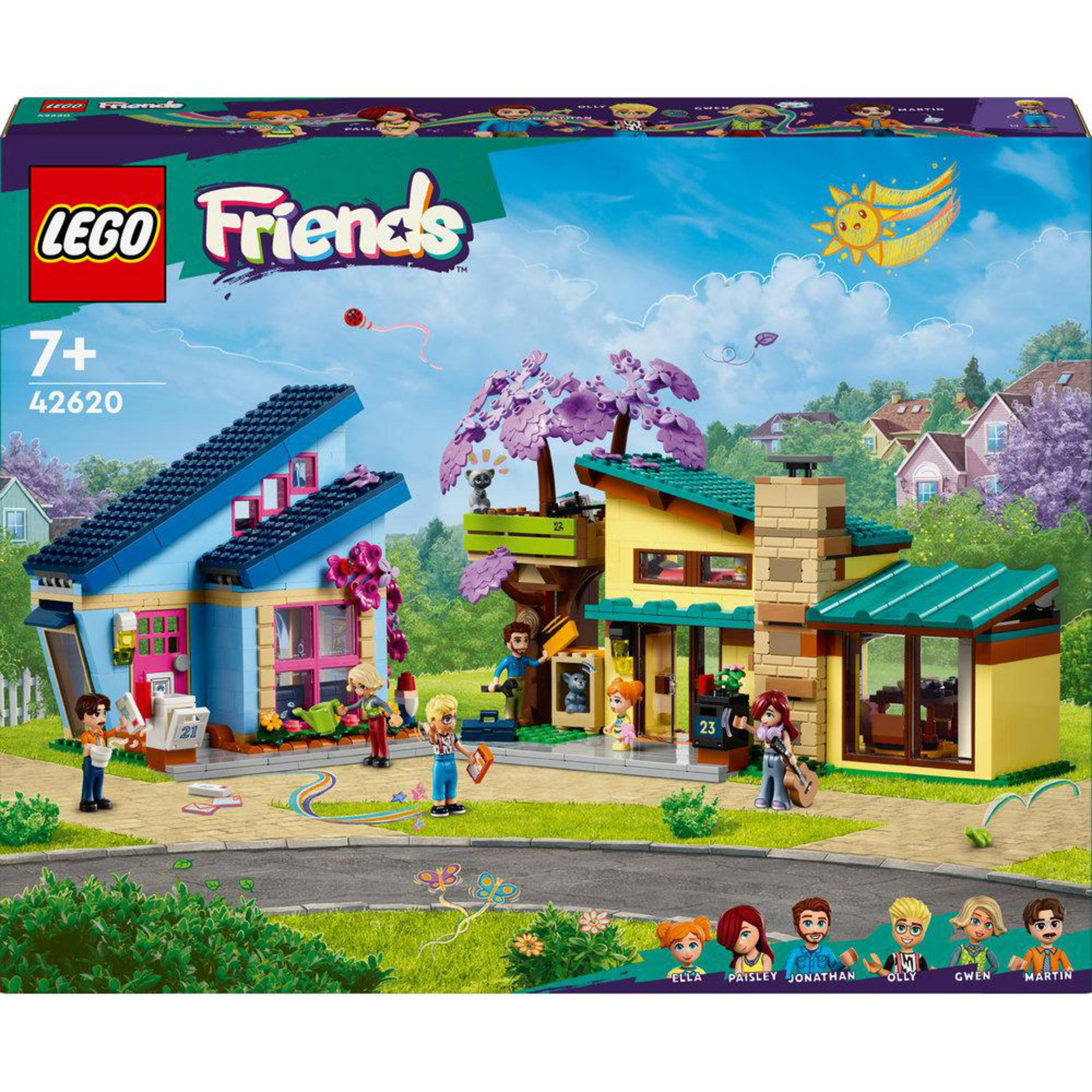 Zestaw LEGO Friends. Kolorowe domy, figurki i akcesoria. Na górze pudełka logo, zakres wiekowy i numer zestawu.