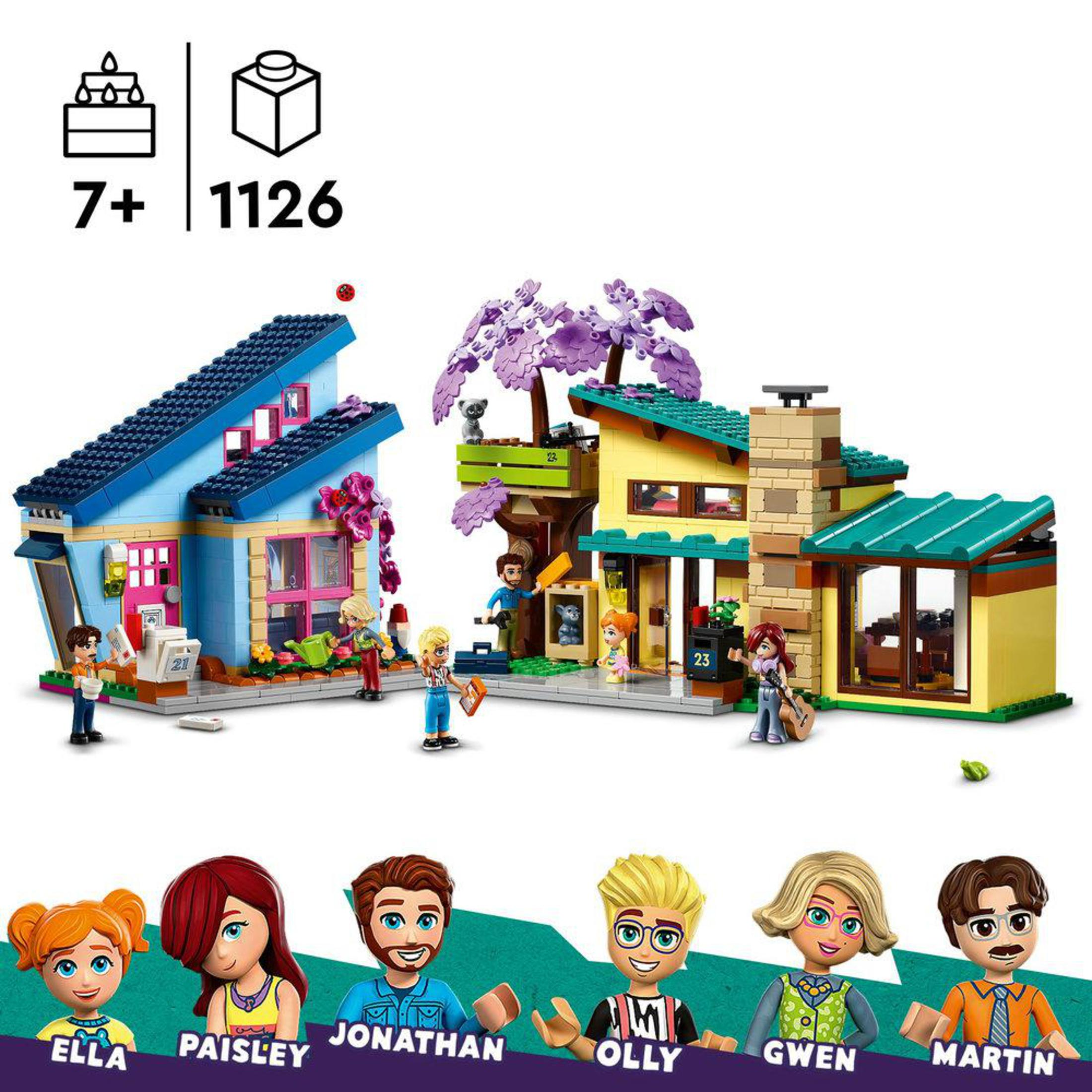 Zestaw LEGO Friends z kolorowymi domami, minifigurkami i imionami 'ELLA', 'PAISLEY', 'JONATHAN', 'OLLY', 'GWEN' i 'MARTIN'.
