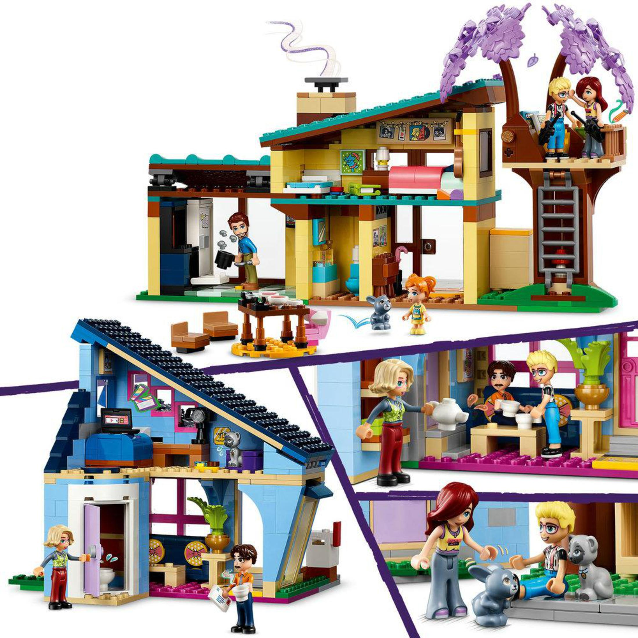 Zestaw domu LEGO Friends z minifigurkami. Wiele pokoi i akcesoriów. Białe tło.