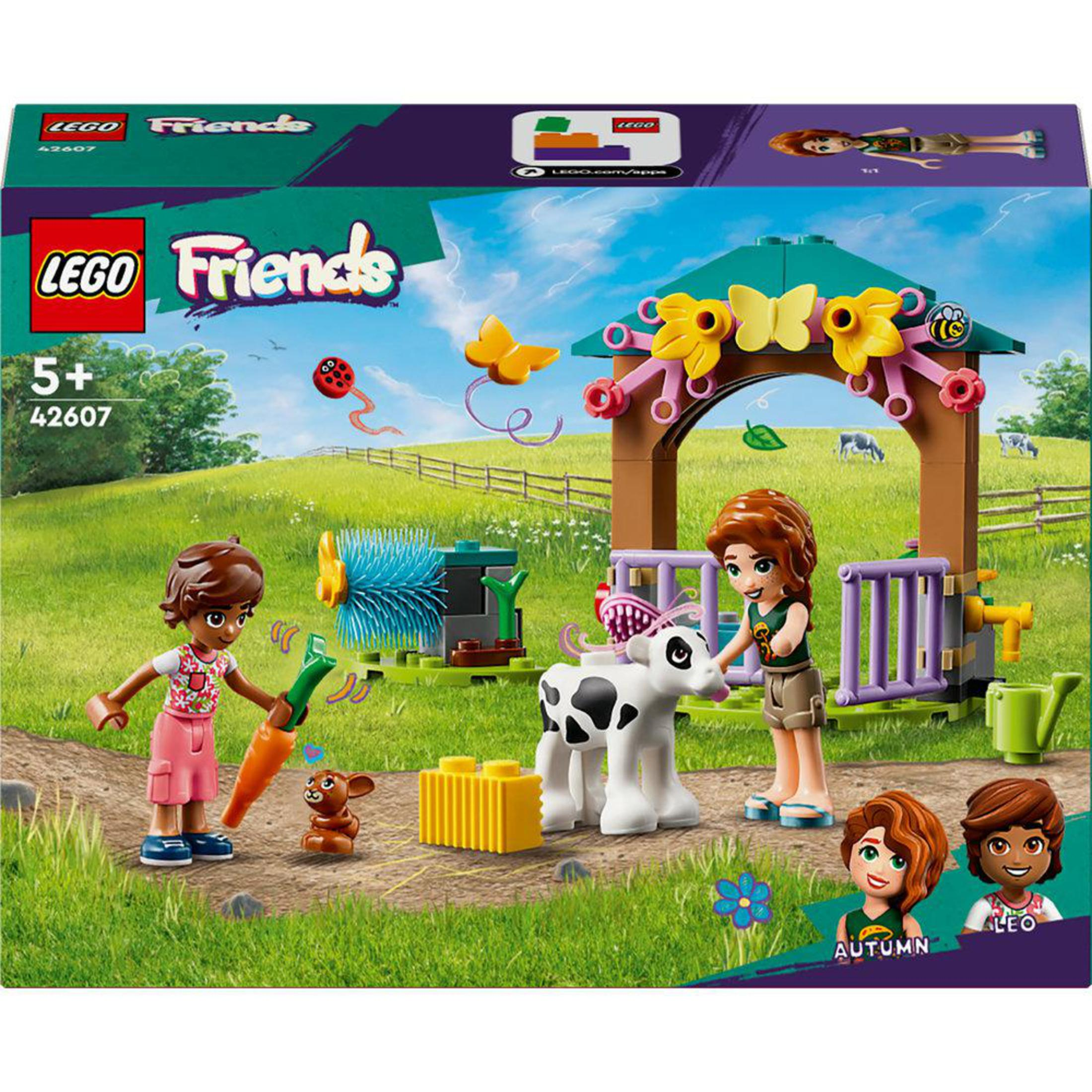 Pudełko LEGO Friends, prezentujące scenę z farmy z figurkami, zwierzętami i akcesoriami, z tekstem i logo.